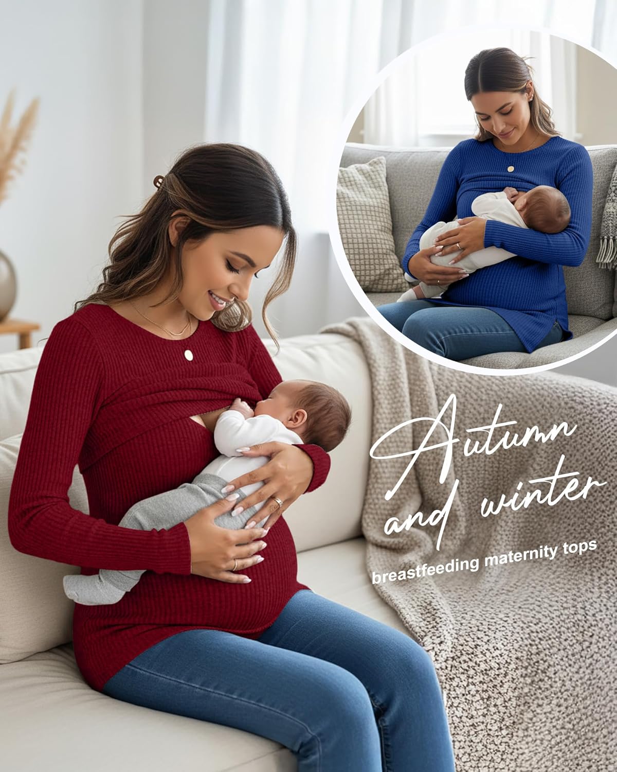 3 Pack Women Maternity Tops Long Sleeve Pregnancy Ribbed Knit Shirts Crew Neck Nursing Casual Breastfeeding Clothes - Image 5