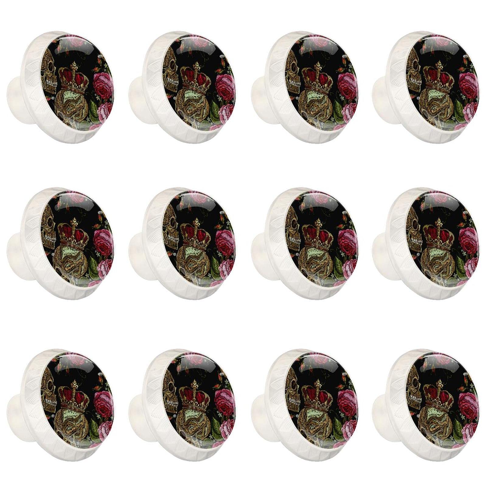 Boutons d'armoires de cuisine crâne et roses poignées rondes en lot de 12 pour tiroir de commode