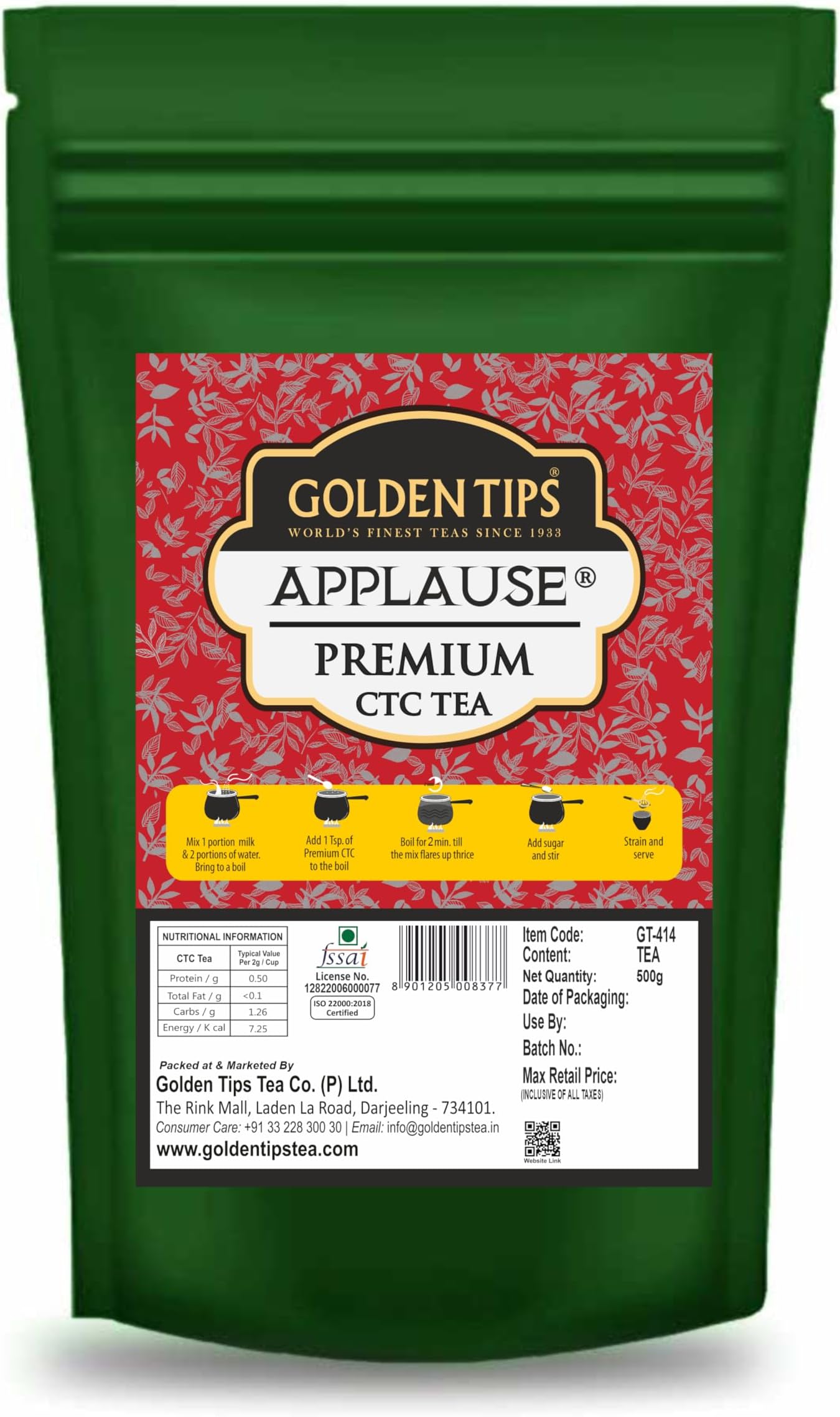 Applause Premium Assam CTC Tea, Strong & Aromatic Chai Patti, Natural Loose Tea Leaves, 500g