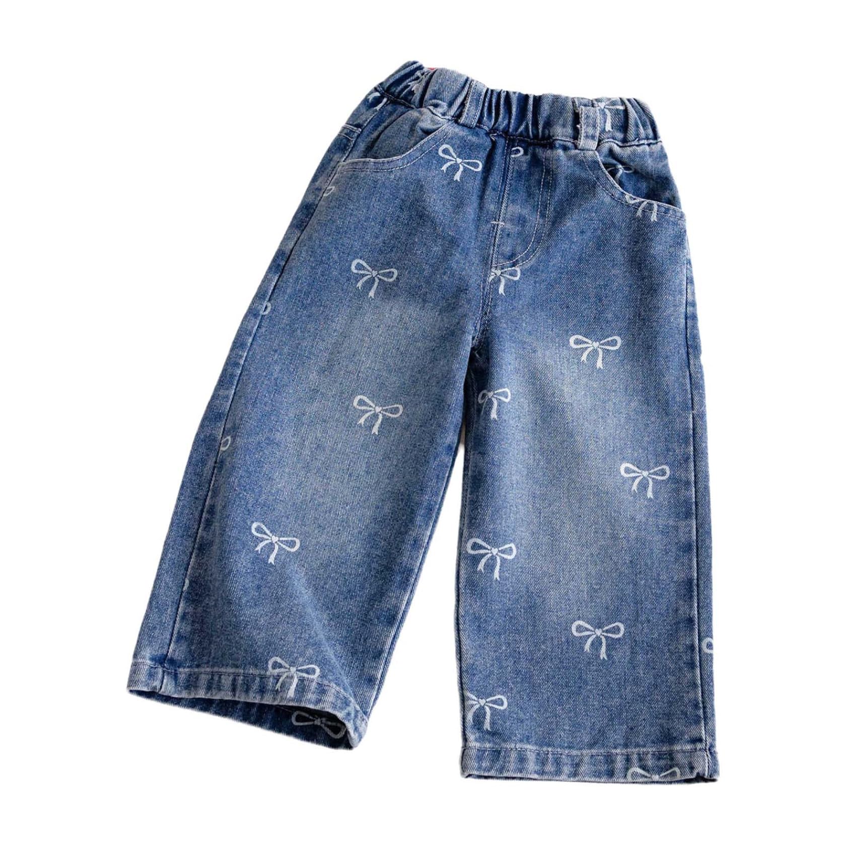 Kinder Baby Mädchen Jeanshose Weite Gerade Süße Schleifenprint Denim Hose Mit elastischer Taille Und Taschen