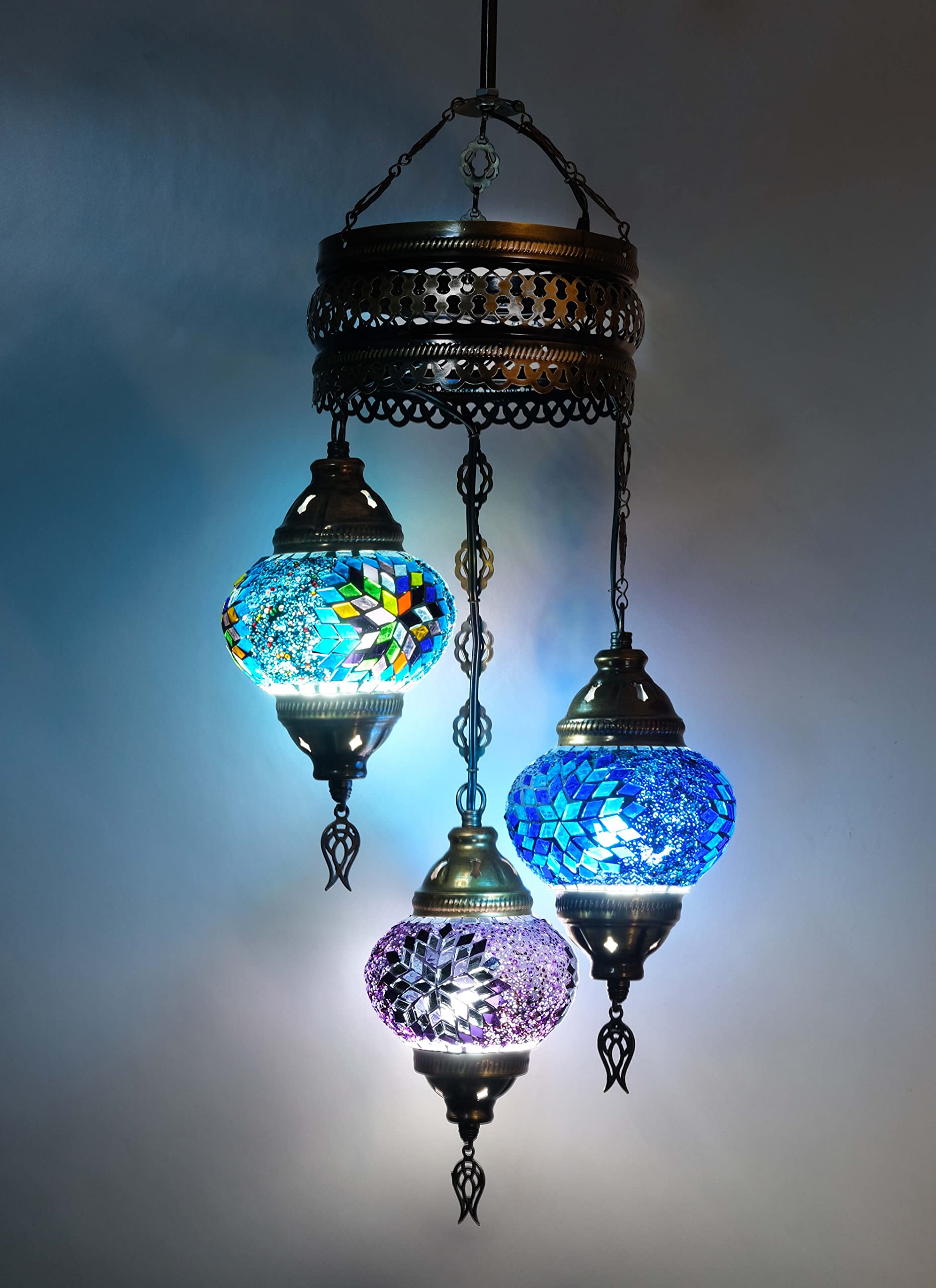 Asylove Turkish Ceiling Lamp, Mosaic Pendant Lamp Turkish Chandeliers 3 Globe Moroccan Ceiling Lighting Art Deco Brillant Fixture, 5 inc Globe - Total Dimensions 14x14x35 inch (Colormix 3)