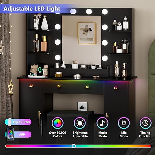 Miniatura 4 de Escritorio de tocador con espejo y luces, tocador de maquillaje negro con estación de carga y taburete, 3 cajones y armarios, espejo de tocador