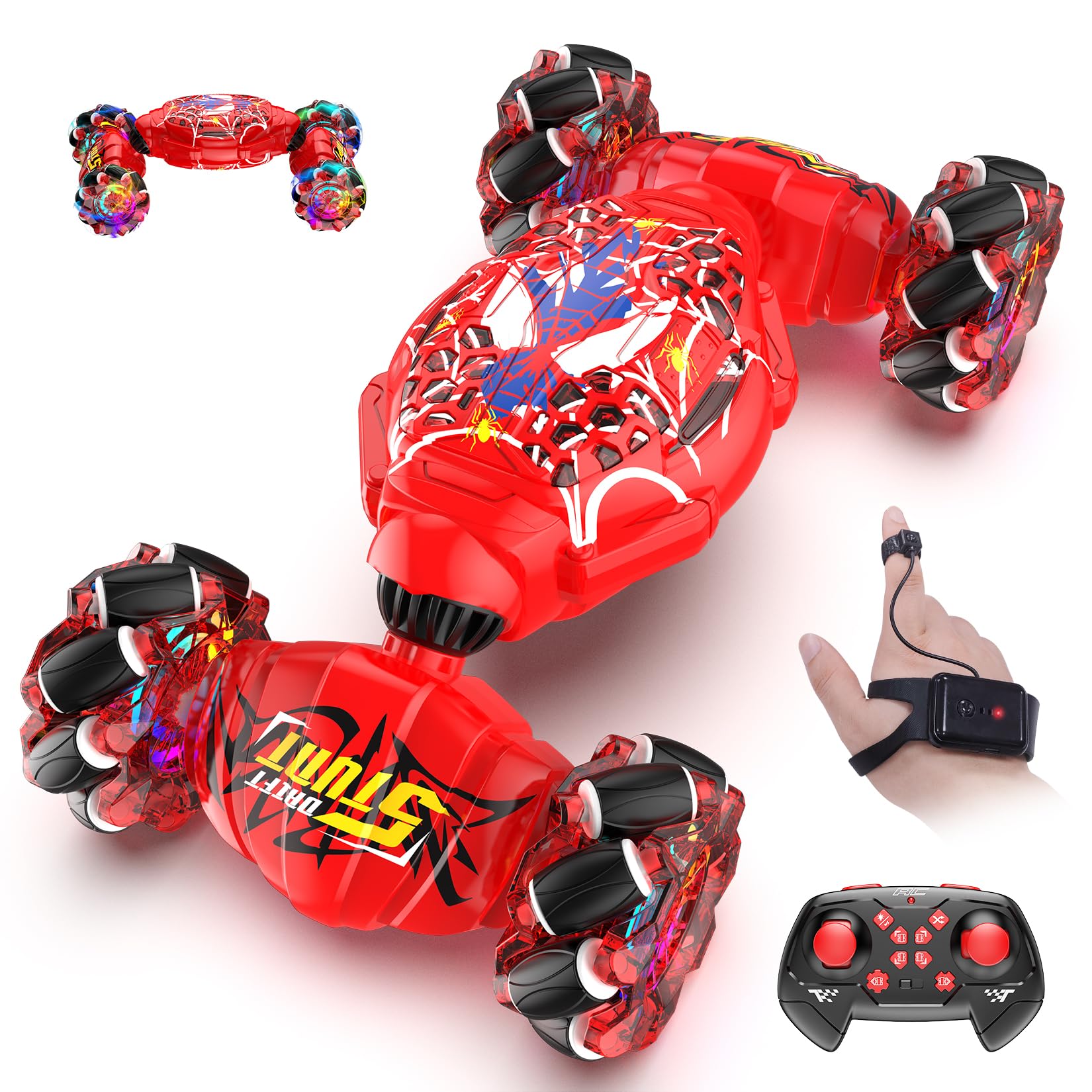 Spider Remote Control Car - 2.4GHz 4WD Gesture Sensing RC Stunt Car Toys for Boys and Girls Ages 6-12, 360° Rotating Transforming Drift RC Cars with Lights and Music, Ideal Birthday and Xmas Gift
