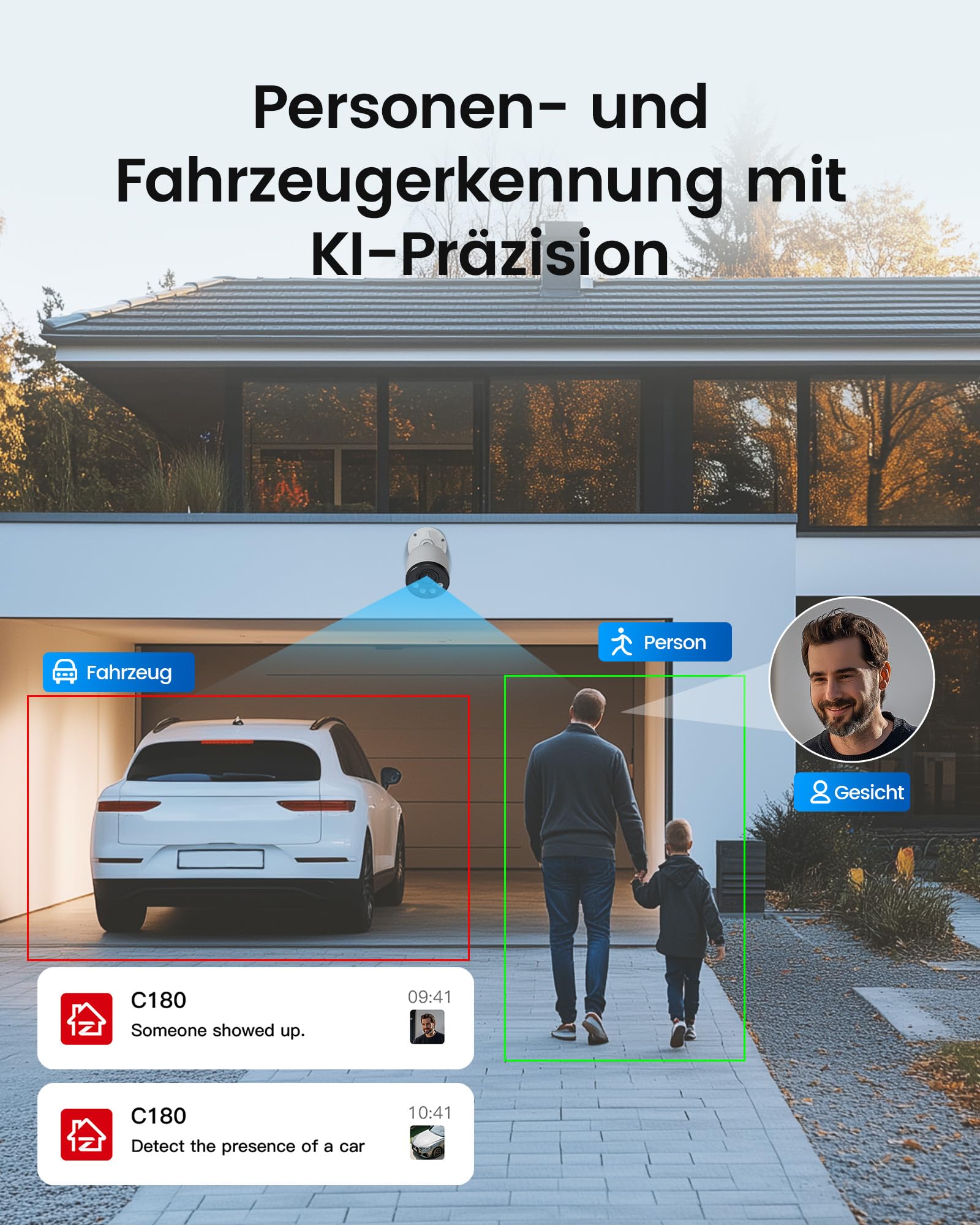 ZOSI 4K PoE Überwachungskamera Set Aussen, 8CH 2TB NVR mit 4X 8MP IP Kameras, Personen- und Fahrzeugerkennung, Audioüberwachung, 30M IR Nachtsicht, 24/7-Aufnahme, C180