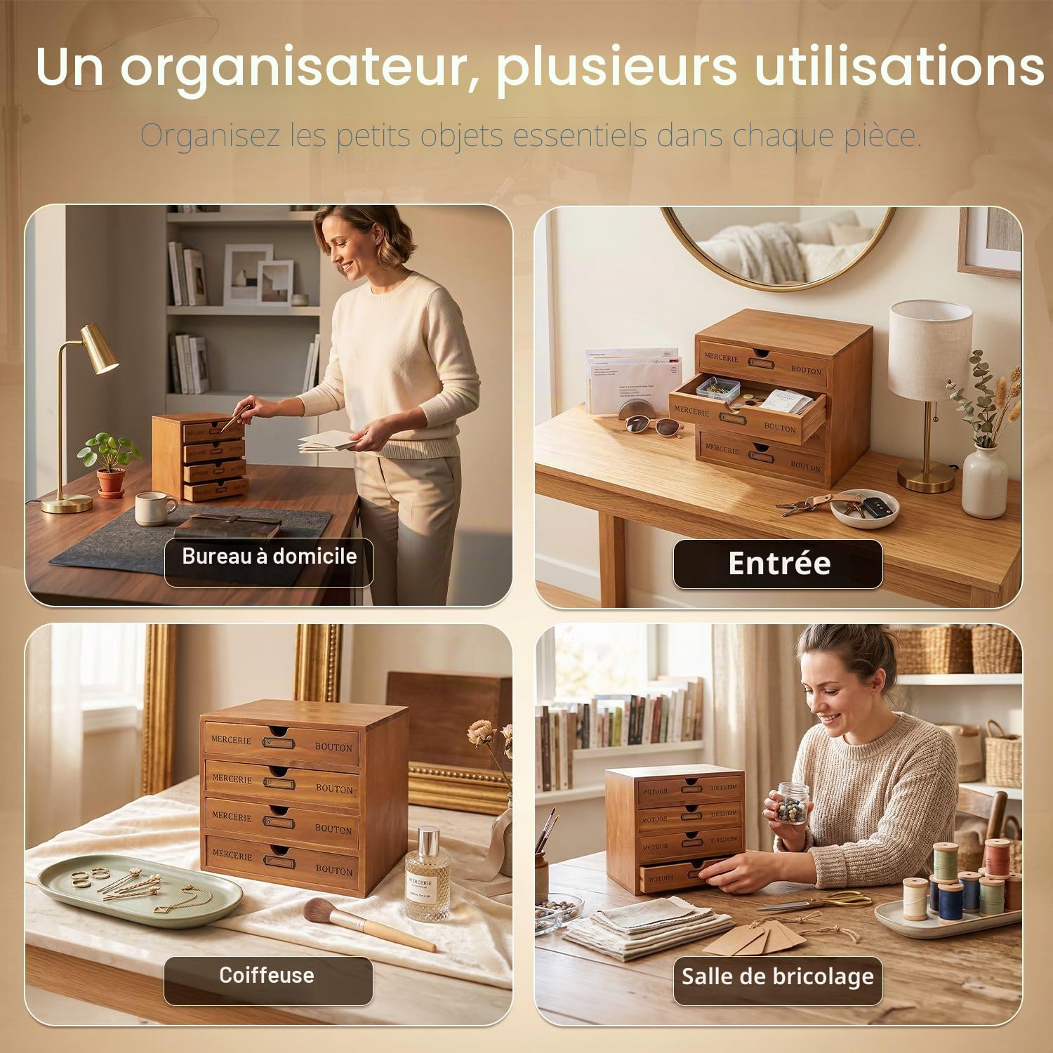 Flexzion Organiseur de fournitures de bureau en bois avec 4 tiroirs de rangement, armoire de table en bois à 4 niveaux, boîte d'accessoires de bureau, pour la maison, les travaux manuels, le courrier