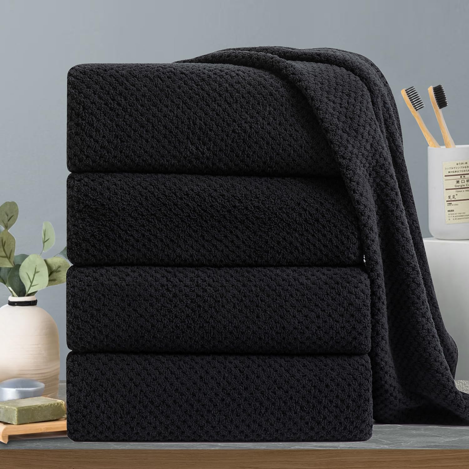 Black Bath Towels Set 35x70 Inches - Luxury 600 GSM Oversized Bath Sheet Towel Extra Large Microfiber -