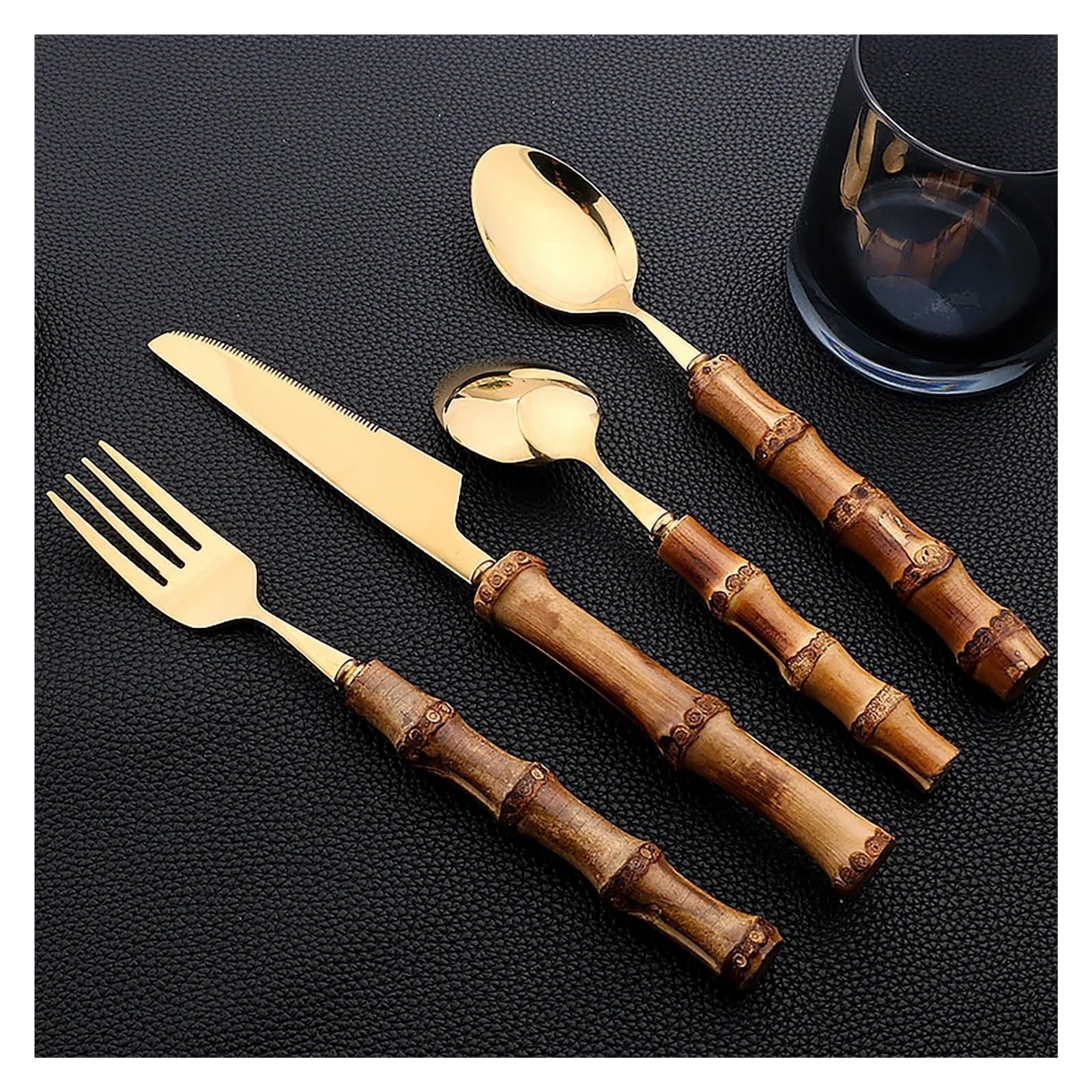Set di posate, stoviglie in acciaio inossidabile da 16 pezzi con manico in bambù naturale, coltello, forchetta, cucchiaio(Silver 16Pcs)