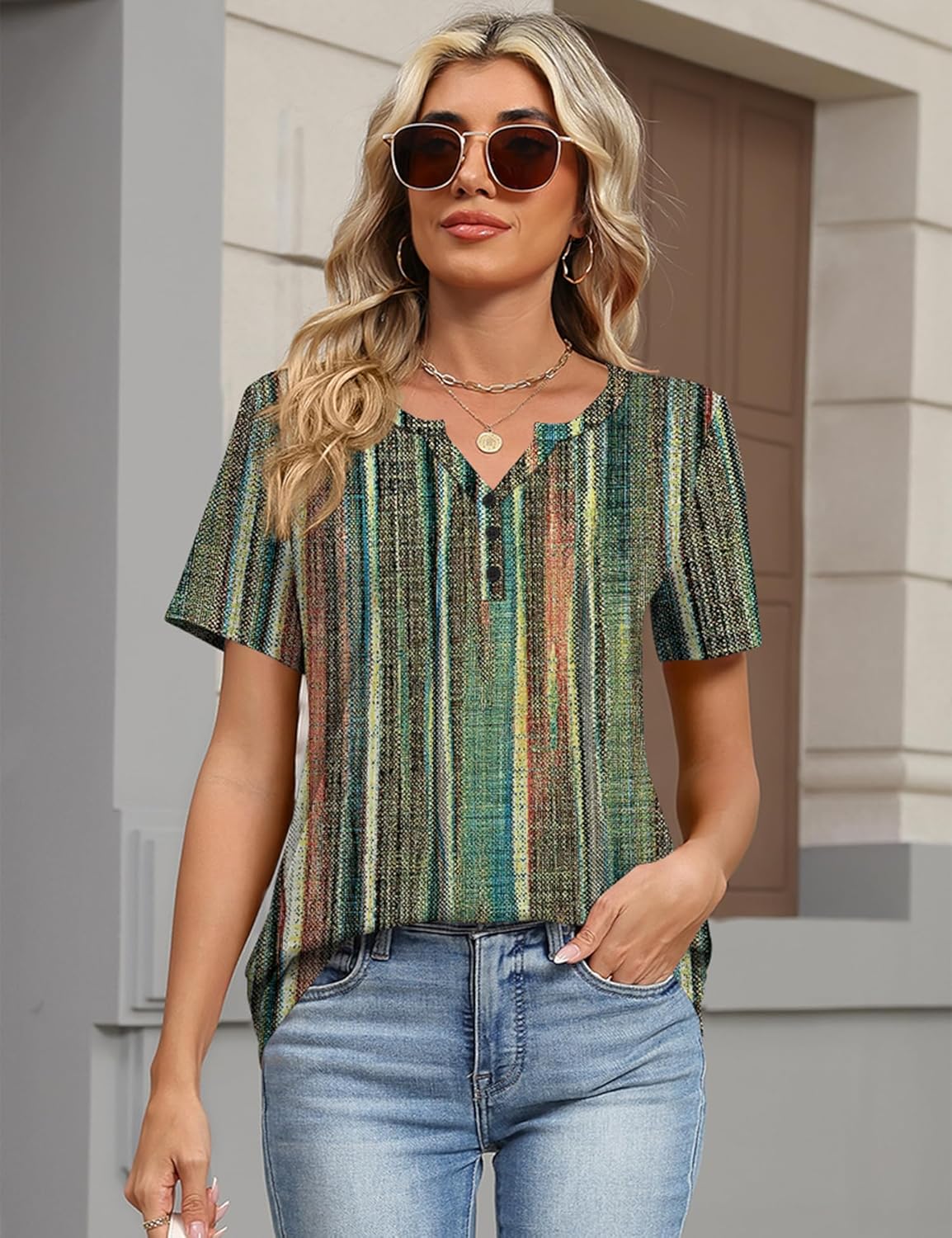 TCOT Women's Tops Dressy Casual Summer Blouses Short Sleeve Button V Neck Spring Tee Shirts - Image 4