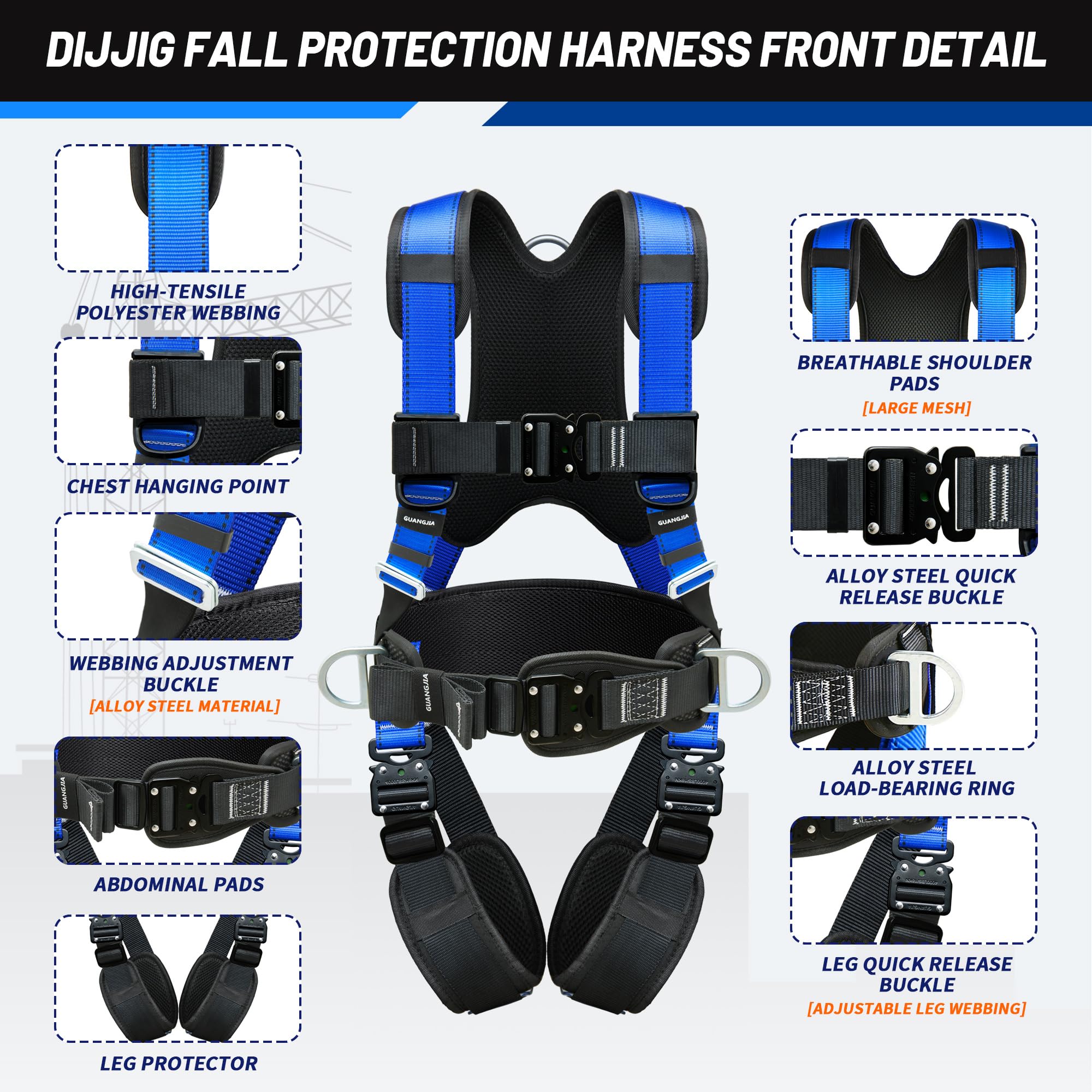 DIJJIG Sicherheitsgürtel-Kit mit 1,8 M Lanyards, Taille- und Schulterschutz, Bauprojekte, Dachbetrieb in hoher Höhe, Feuerrettung, Anti-Fall-Sicherheitsgürtel, Sicherheitsseil, CE-Zertifizierung