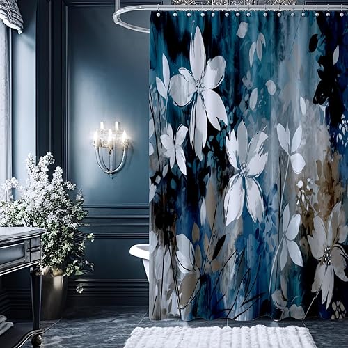 Cortina de ducha con flores abstractas, color azul, gris y blanco, cortina de baño rústica, moderna, decoración de baño, tela impermeable, 72 x 72