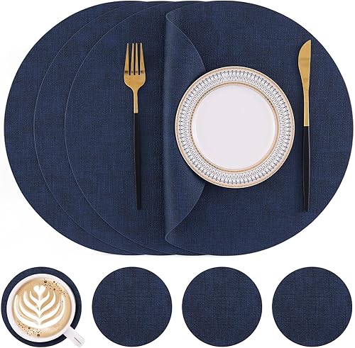 Miniatura 20 de Homaxy - Juego de 6 manteles individuales redondos de piel sintética y posavasos, lavables, de doble cara, manteles individuales de mesa, manteles
