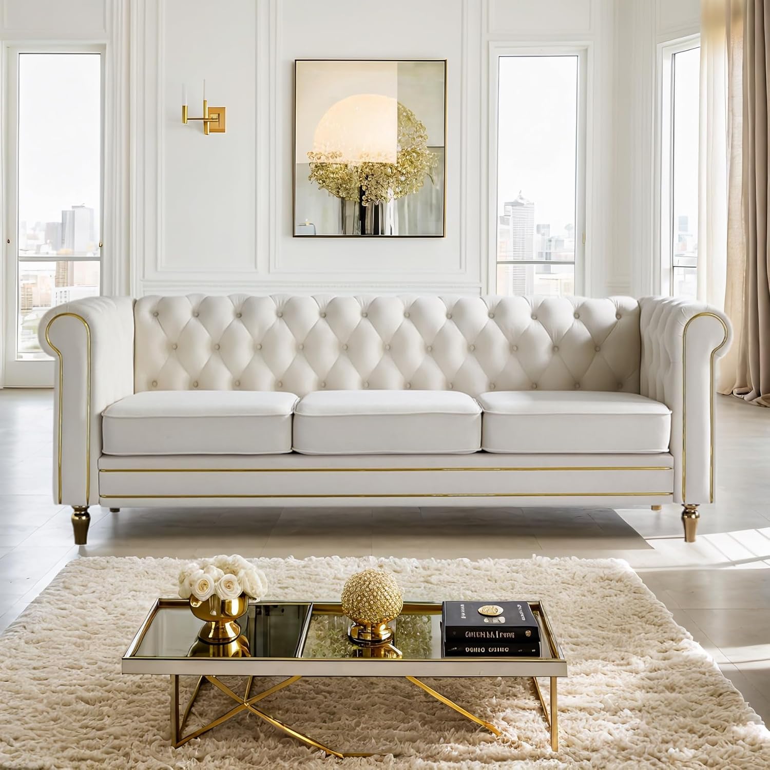 84″ Velvet Sofa with Gold Legs, Luxury Tufted Couch for