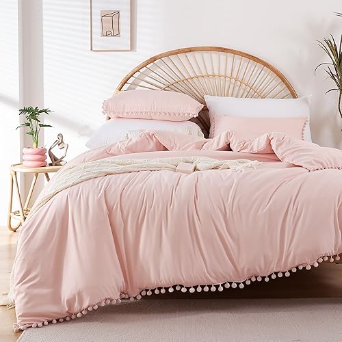 Miniatura 2 de YIRDDEO Juego de edredón de 3 piezas con diseño de flecos de pompones, juego de ropa de cama matrimonial lujoso y bohemio estético, juego de edredón