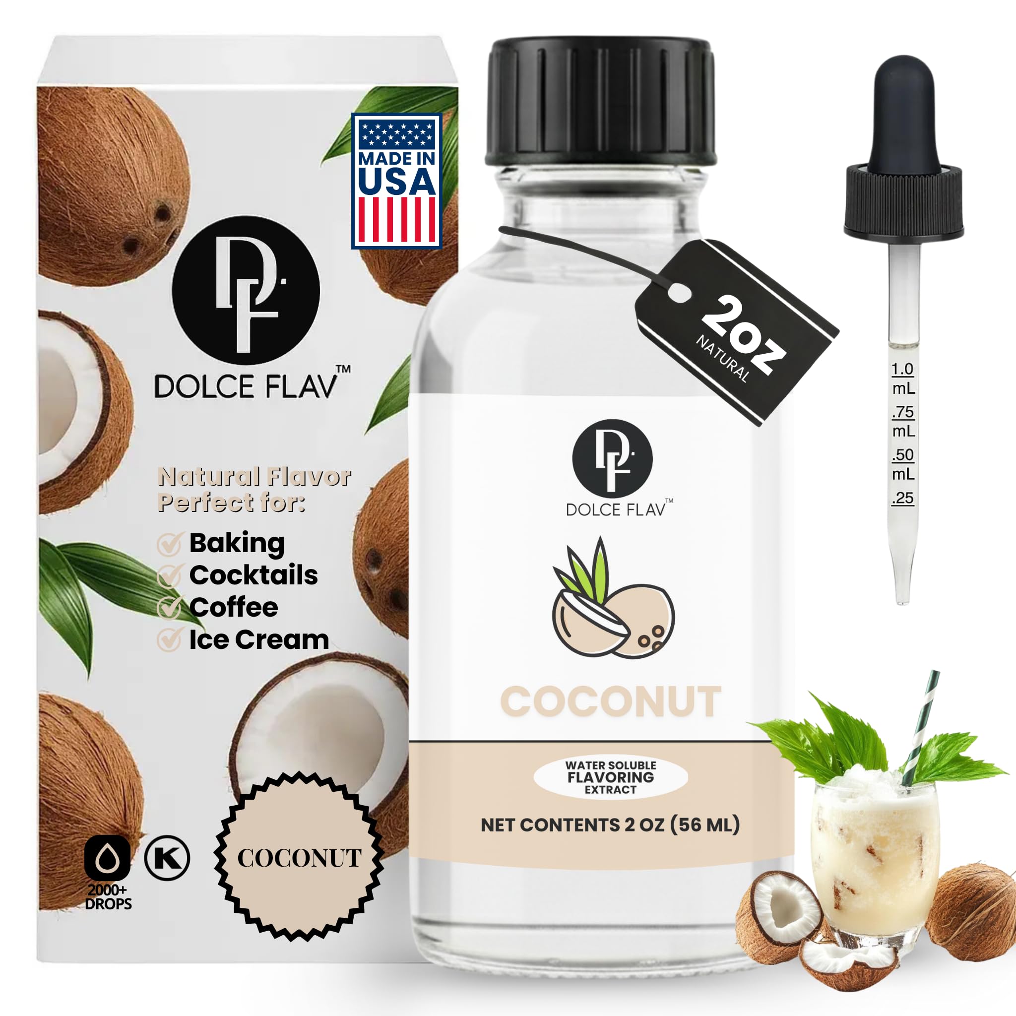 Dolce Flav Natural Coconut Extract 2 oz – Kosher, Sugar-Free, Concentrated Tropical Coconut Flavoring for Baking, Beverages & Desserts, Includes Measured Dropper