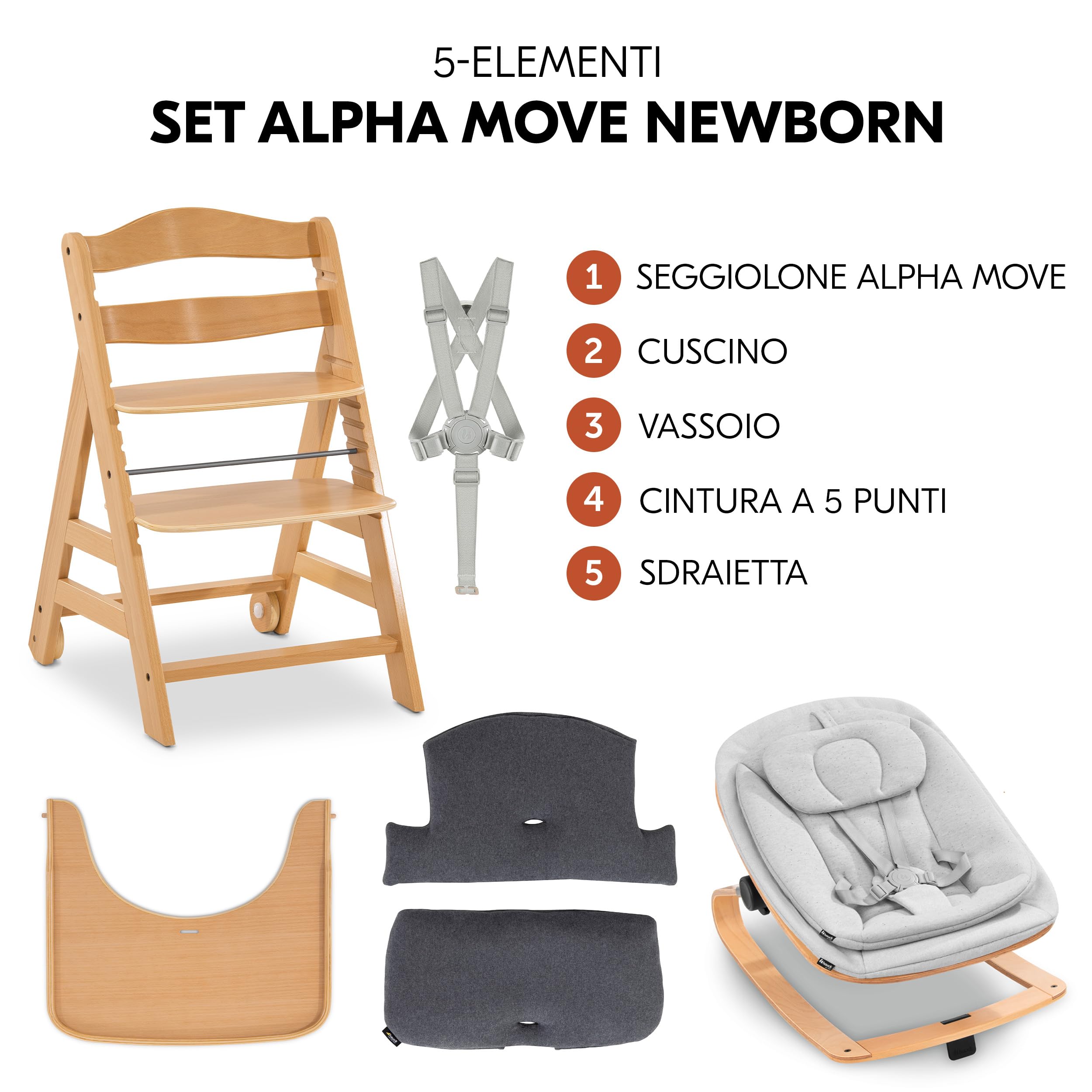 hauck Seggiolone Pappa Alpha Move Set Neonato con Eco Bouncer – Seggiolone Evolutivo Legno Regolabile dalla Nascita, incluso Sdraietta Neonati, Cuscino per Seduta e Vassoio