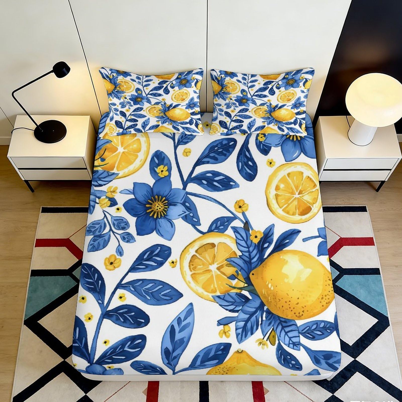 3D Printed Lemon Floral Fitted Sheet Microfiber Soft Breathable Citrus Bed Cover for Bedroom Dormitory Guest Room Mattress Protection Decor 120x200x25cm