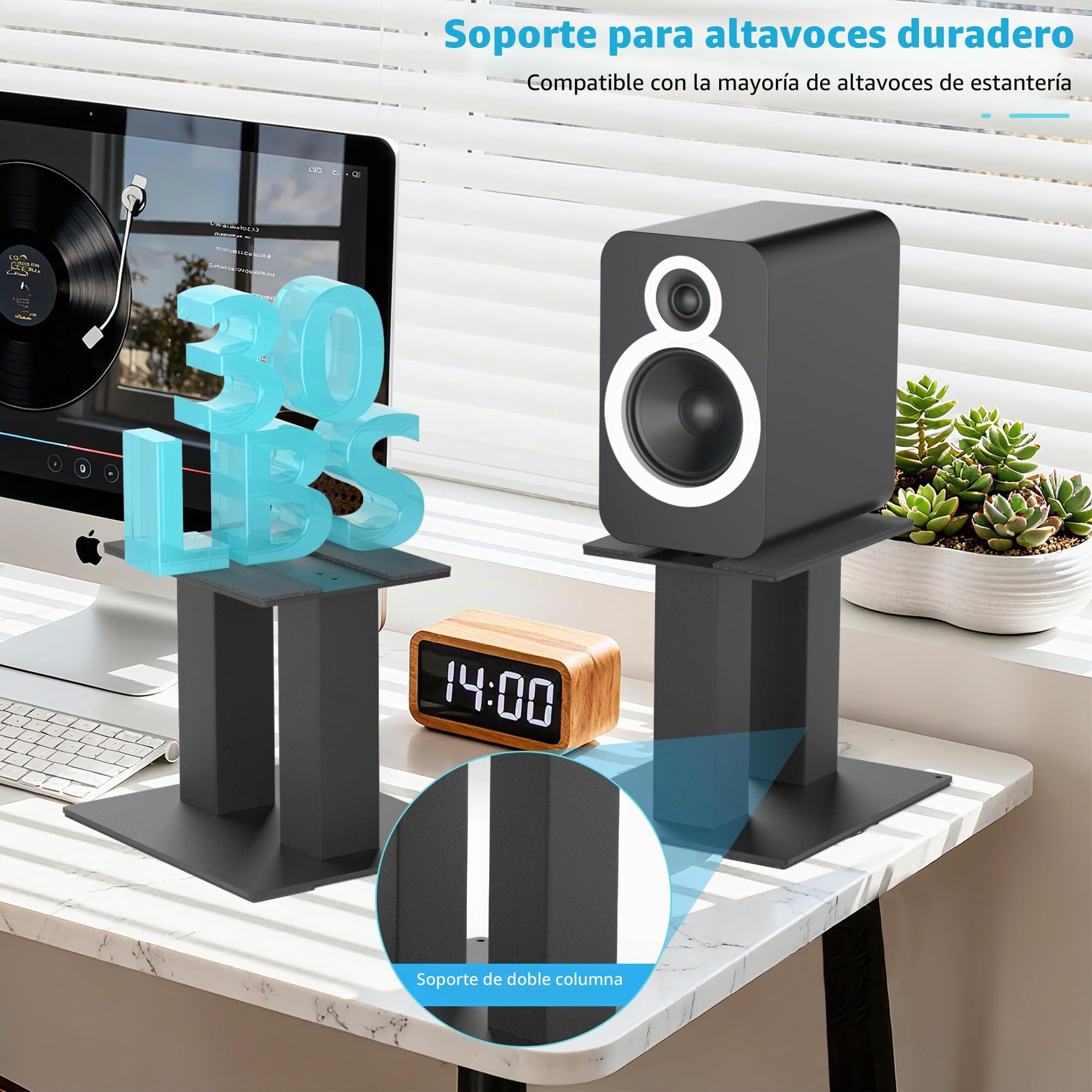 1 par de soportes para altavoces de escritorio con almohadillas de absorción de vibraciones de hasta 13 kg | Soportes universales de metal para altavoces, soporte de altavoz de escritorio para computadora, estantería (regular)