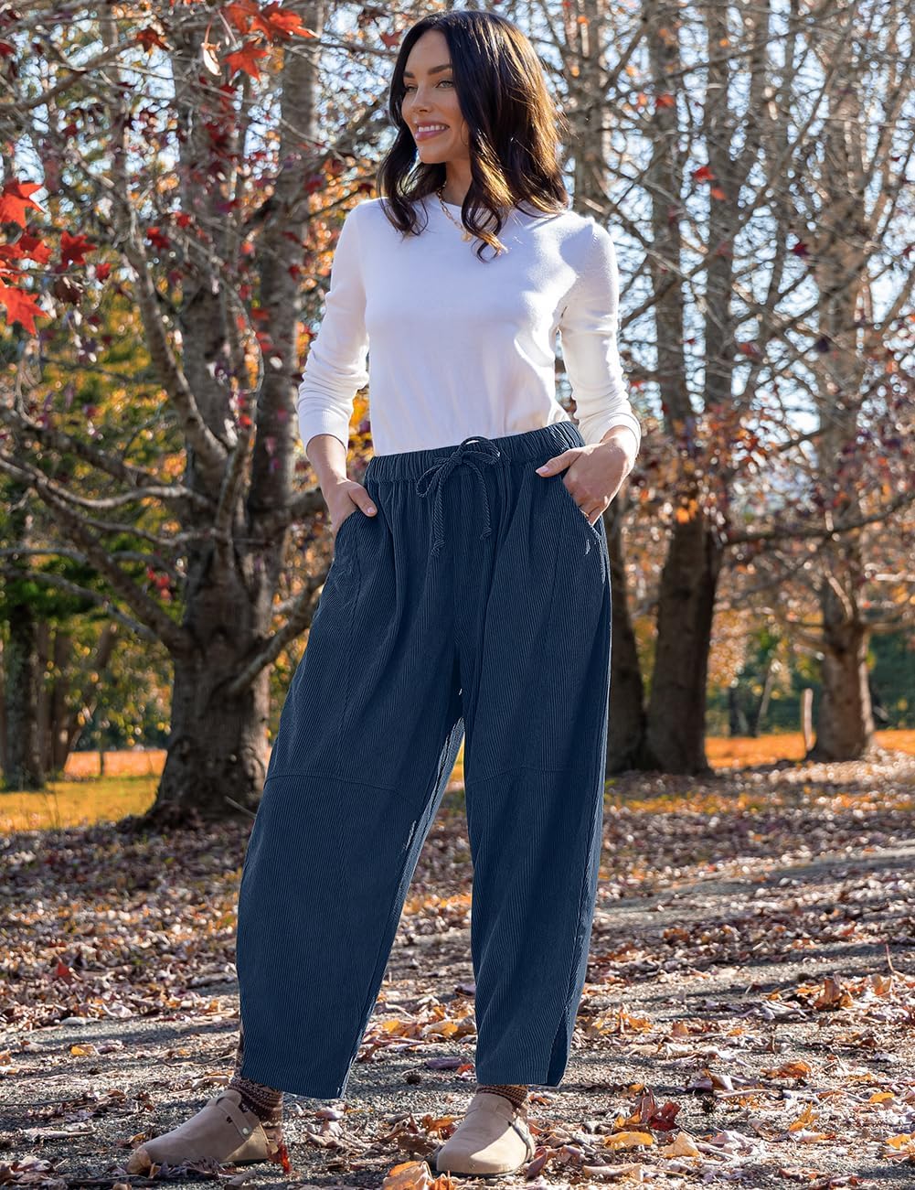 TARSE Womens Corduroy Harem Pants Casual Elastic Waist Wide Leg Pants Loose Fit Baggy Trousers with Pockets - Image 3