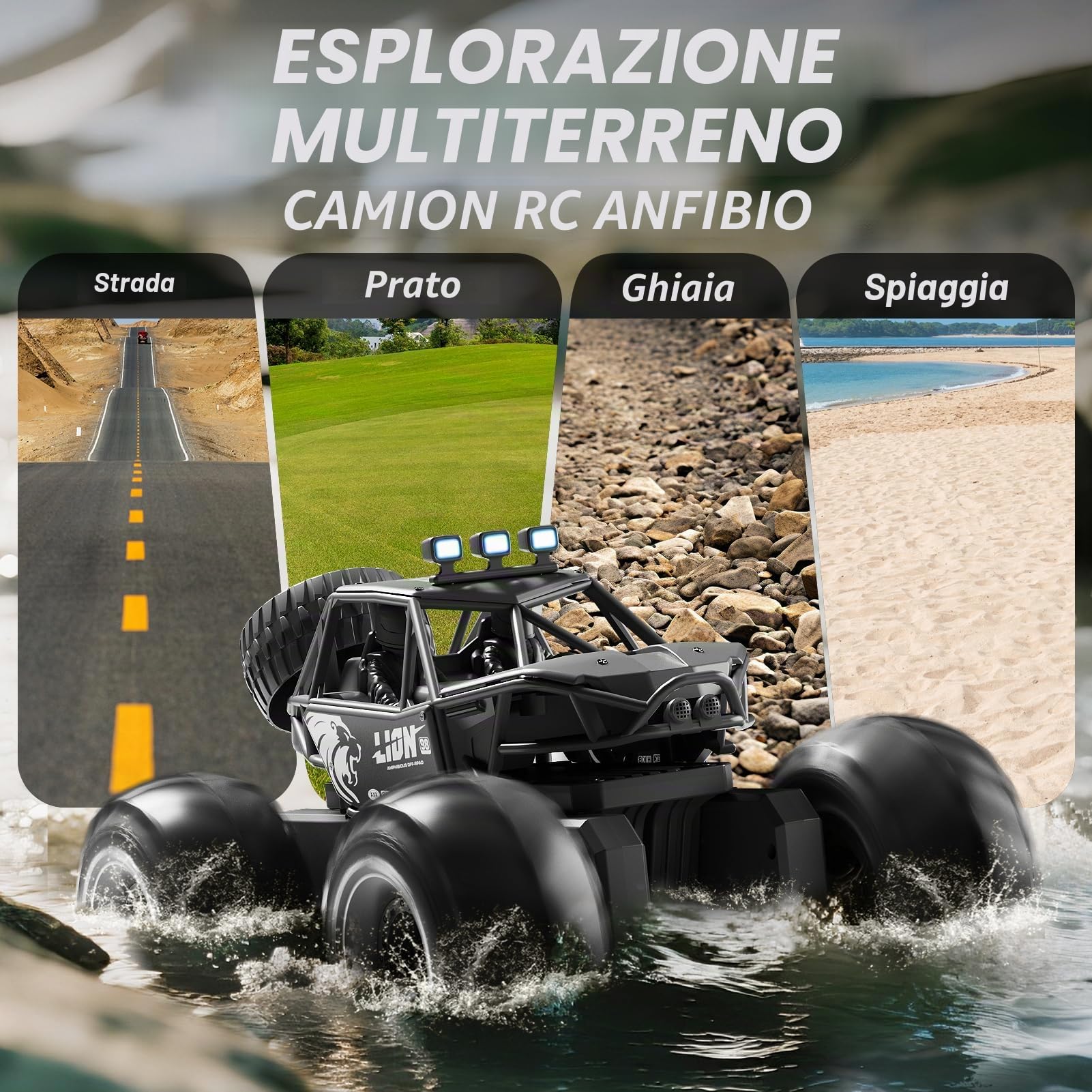 4DRC Y10 Veicolo anfibio telecomandato, camion mostro RC 4WD fuoristrada, auto RC acrobatica 2.4GHz per ragazzi con blocchi, rotazione 360°, oltre 60min gioco, impermeabile, regalo
