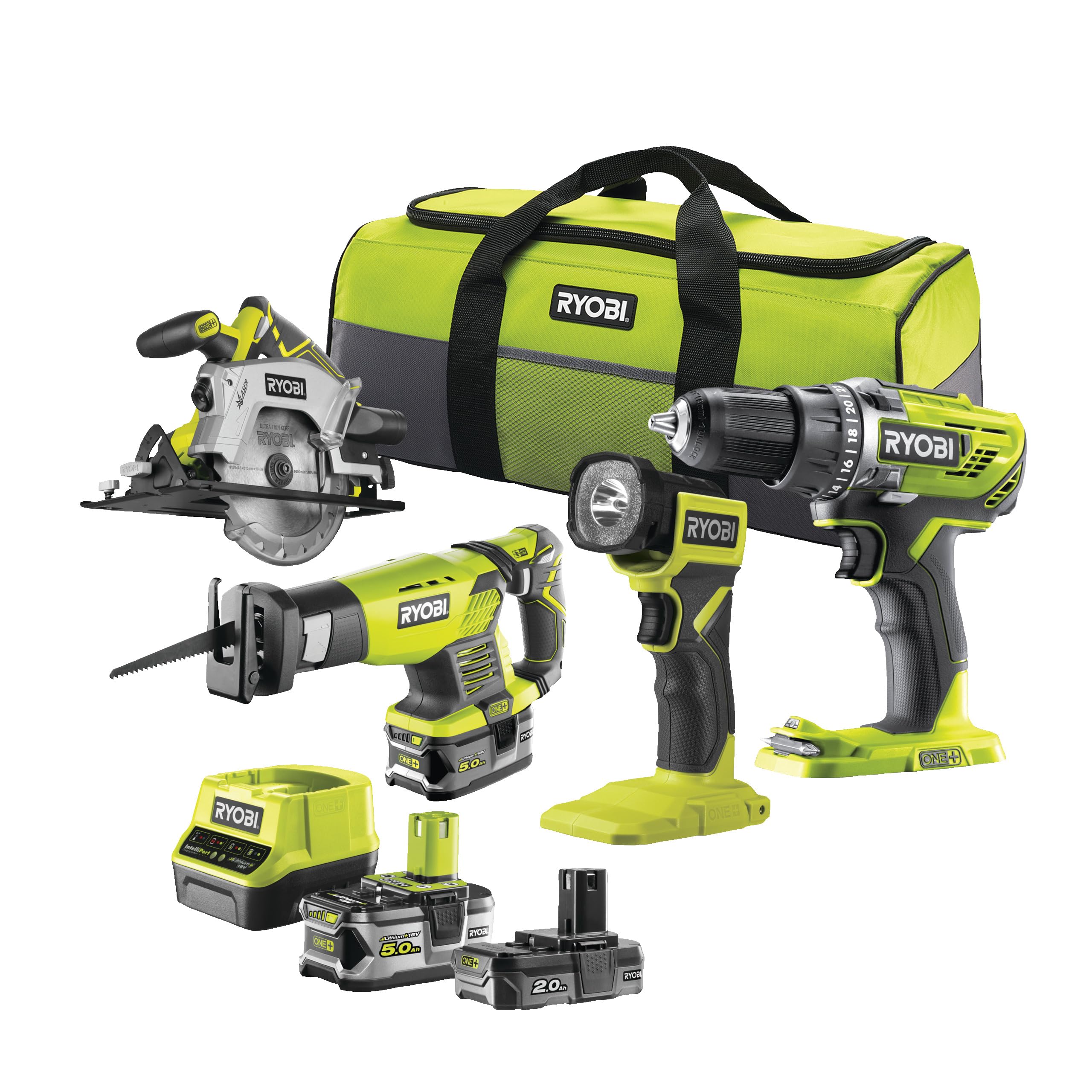 Ryobi RCK184-252S - Kit de 18 V One+ 4 herramientas de taladro, atornillador, sierra circular, sierra recta, gato, linterna LED, dos baterías de 2 y 5 Ah y bolsa de transporte
