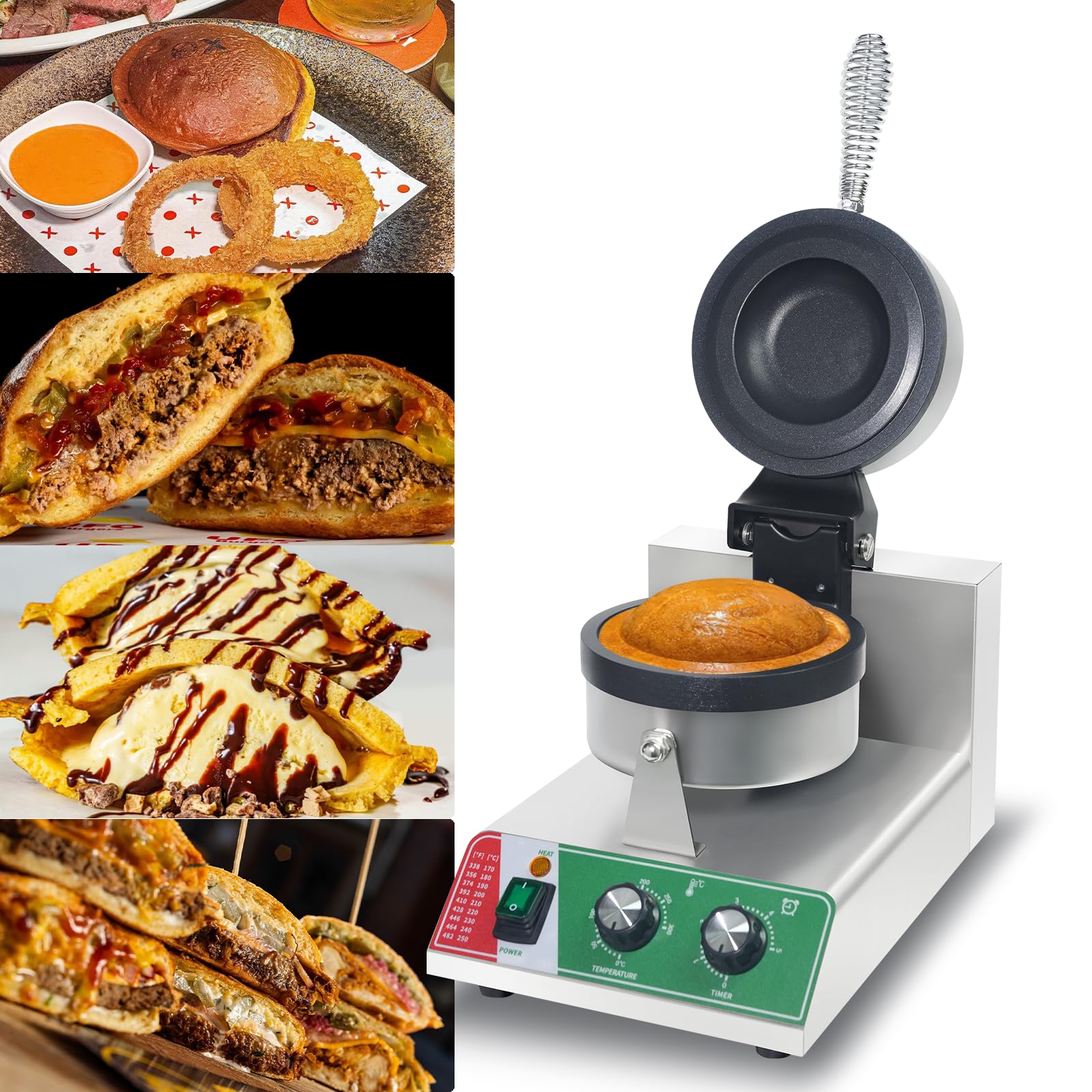 Máquina comercial de gofres de hamburguesa OVNI, máquina de llenado de helado con 0-5 tiempo y control de temperatura de 122-572 °F (122-572 °F) para hamburguesa y waflera antiadherente para 8