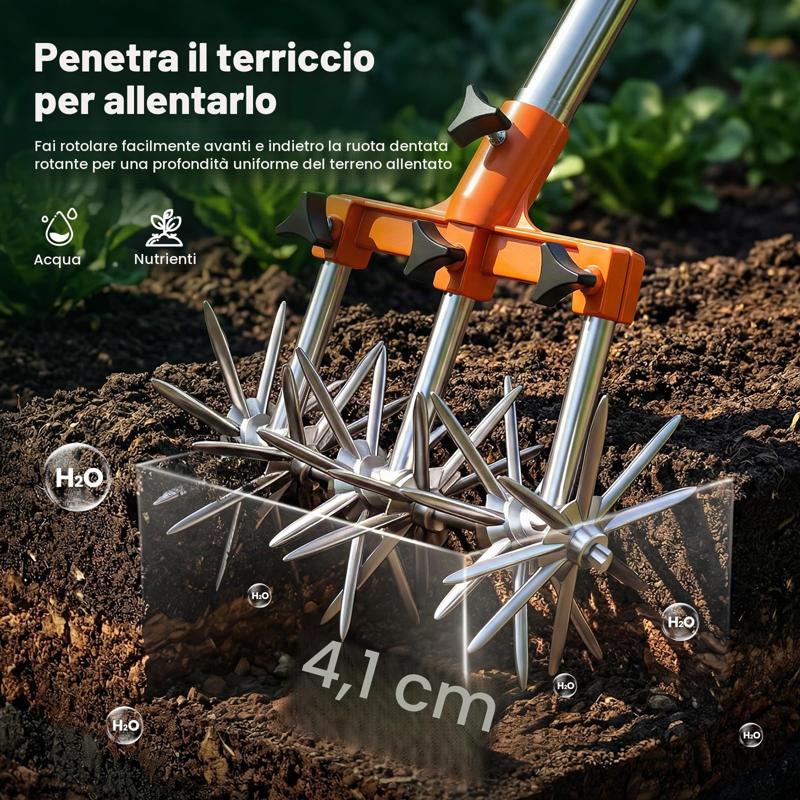 Coltivatore Rotante, Coltivatore da Giardino in Acciaio Inossidabile con Manico Estensibile lungo 173 cm Coltivatores a Stella da Giardino con Denti Rimovibili per la Miscelazione del Terreno