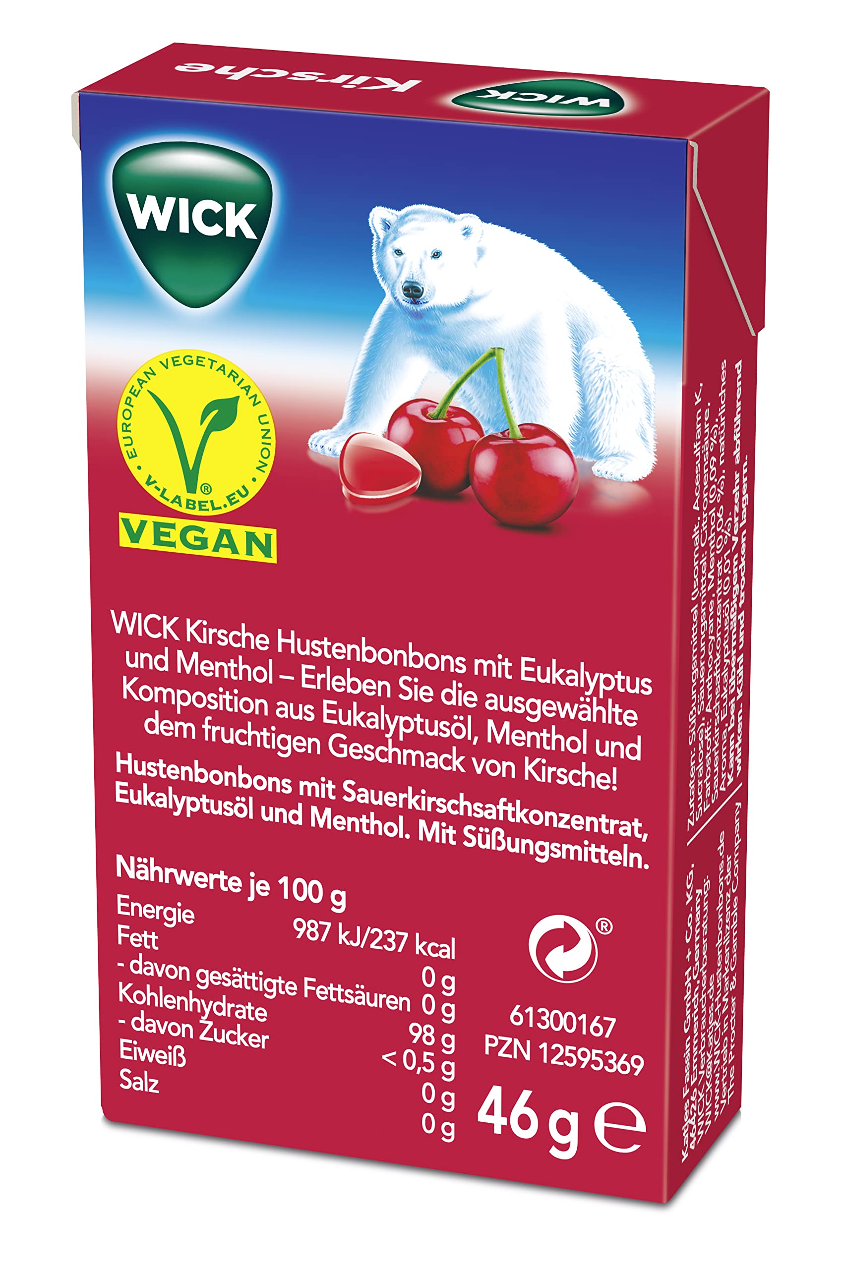 WICK Hustenbonbons Kirsche und Eukalyptus ohne Zucker Vorratspack – Wohltuendes Hustenbonbon – 20er Pack (20 x 46 g)