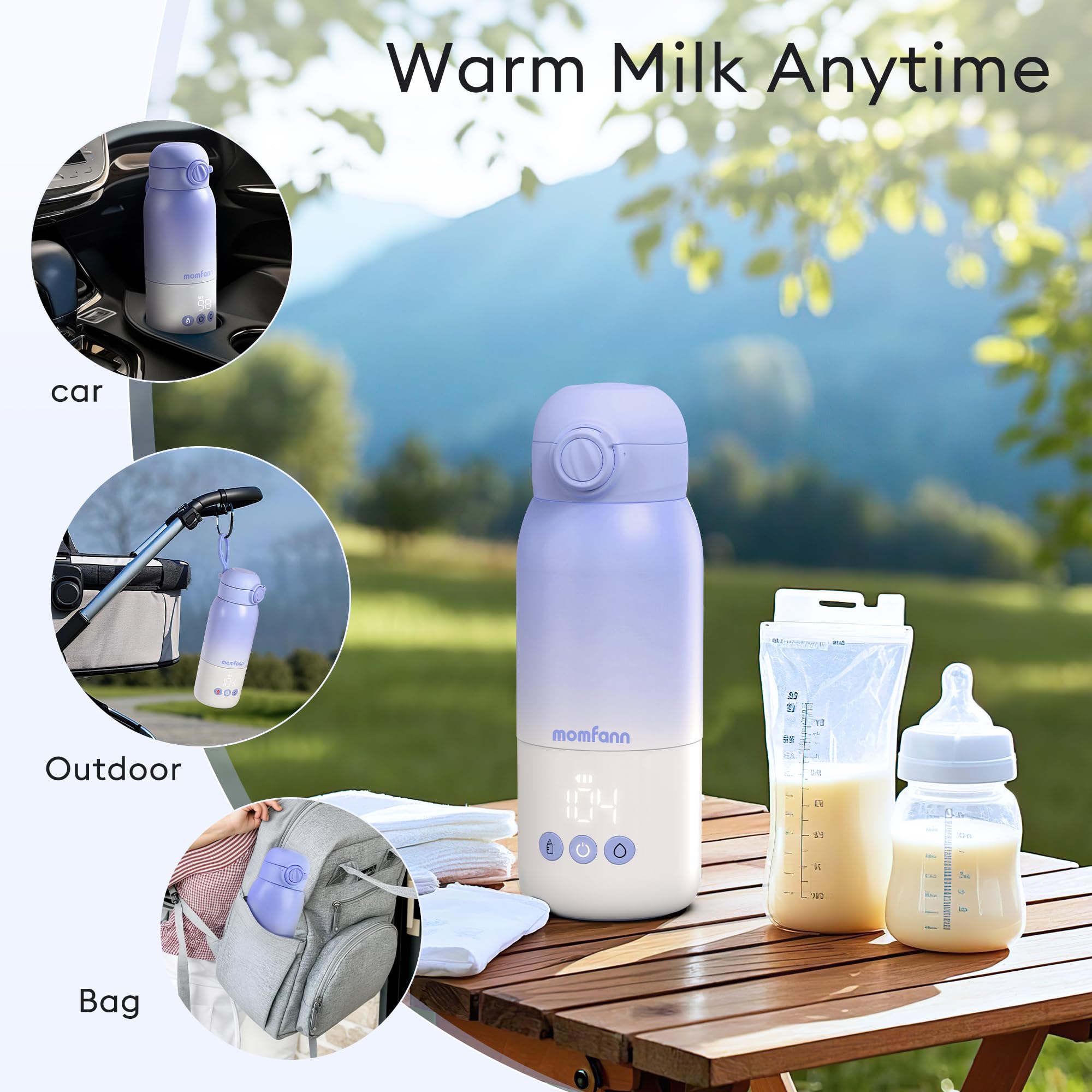 MOMFANN Calentador de biberones portátil para viajes, modos de calentamiento duales, calentador de leche para bebé sobre la marcha para leche materna, agua y fórmula, control preciso de temperatura