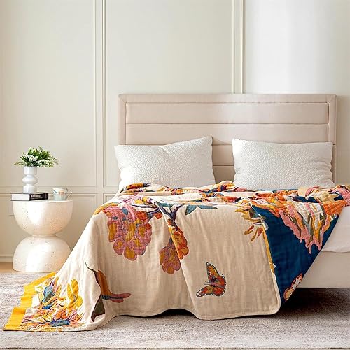 Miniatura 7 de Manta de estilo bohemiocampestreprimaveral de 100 % algodón de muselina, acolchada, muy suave, cálida y ligera, para decoración, cama, sofá, de 98 x