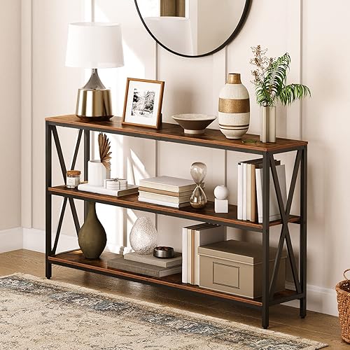 Miniatura 2 de Mesa de sofá de 55 pulgadas, mesa consola industrial, mesa auxiliar estrecha de 3 niveles con estantes abiertos, mesa de vestíbulo para entrada,