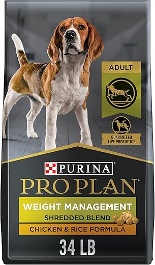 Purina Pro Plan Weight Management Dog Food, Shredded Blend Chicken & Rice Formula – 34 lb. Bag