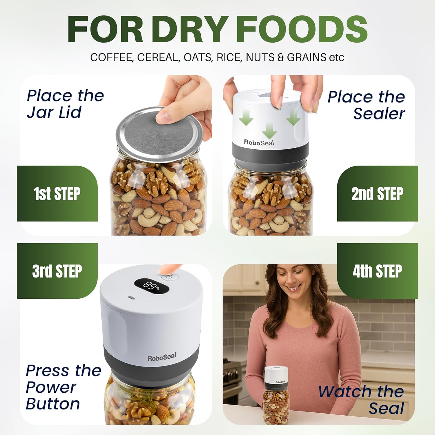 RoboSeal Rechargeable Mason Jar Vacuum Sealer for Mason Jars Wide and Regular, One Touch Vacuum Sealer for Jars, 10 Lids Included, Digital Battery Indicator, As Seen on TV - Image 6