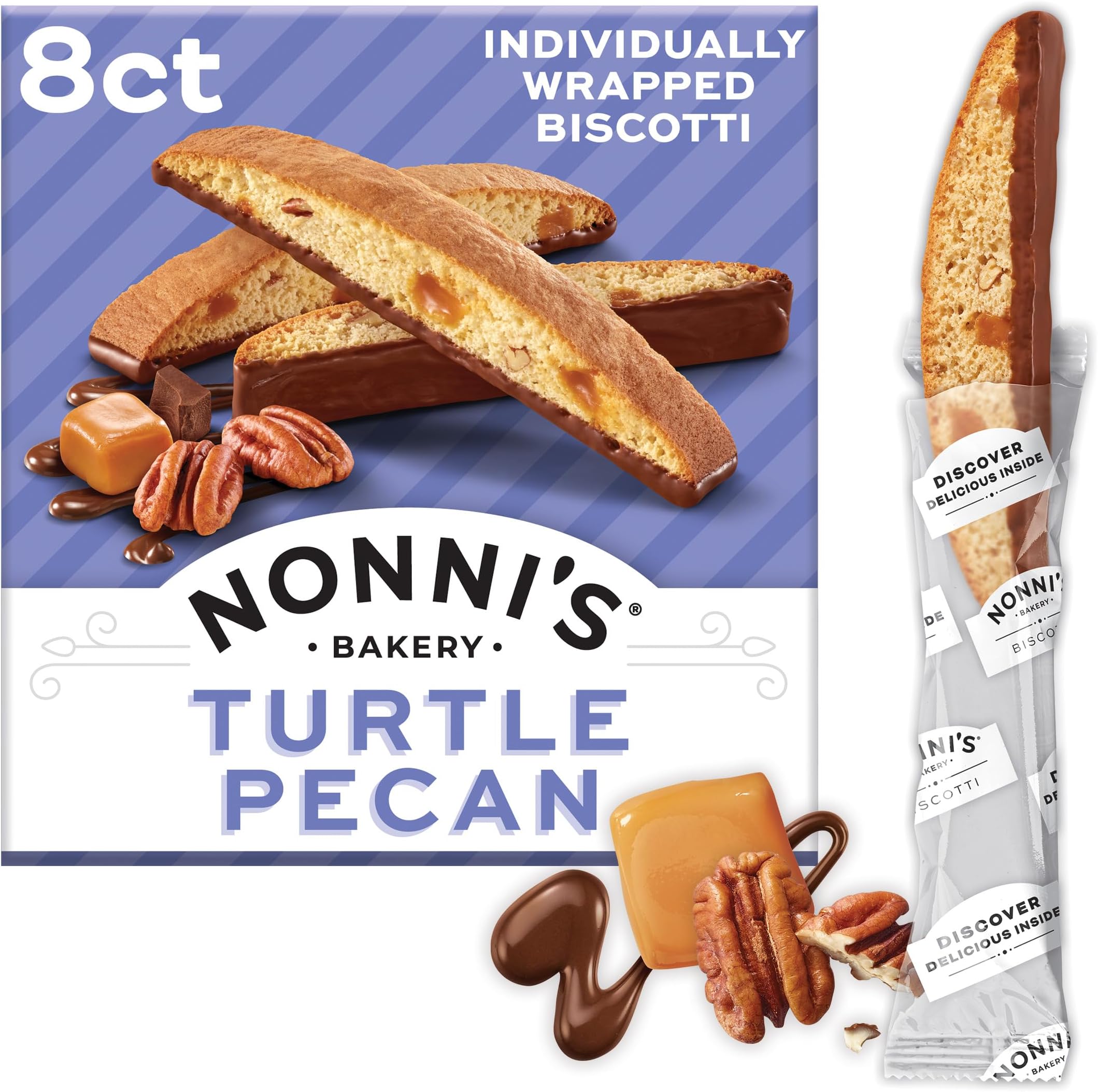 Nonni's Turtle Pecan Biscotti, Individually Wrapped Italian Cookie Snacks, 8 Servings (Pack of 1)
