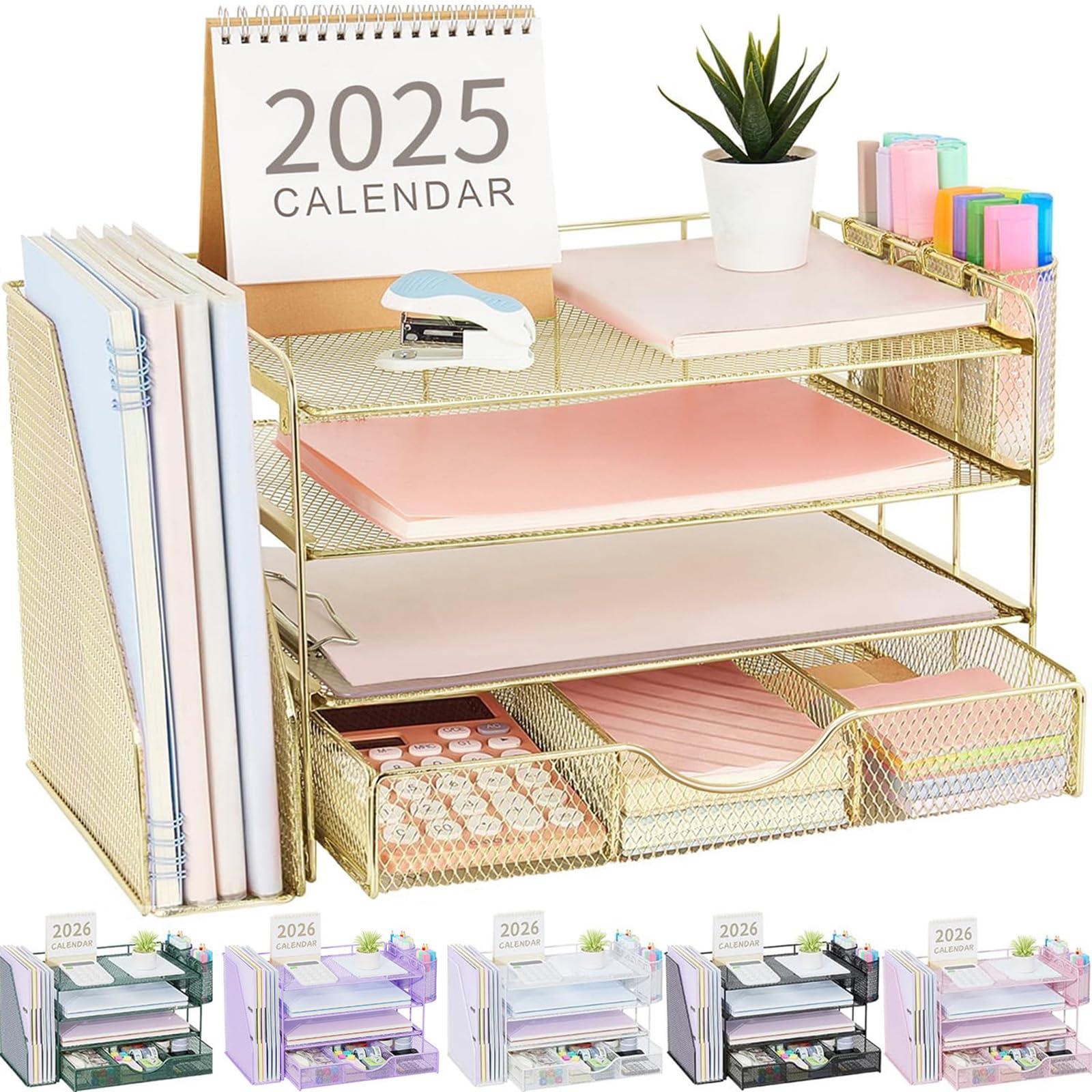 gianotter Desk Organizers and Accessories with File Holder, 4-Tier Desk Accessories & Workspace Organizers with Drawer and 2 Pen Holder, Paper Organizer for Office Supplies(Gold)