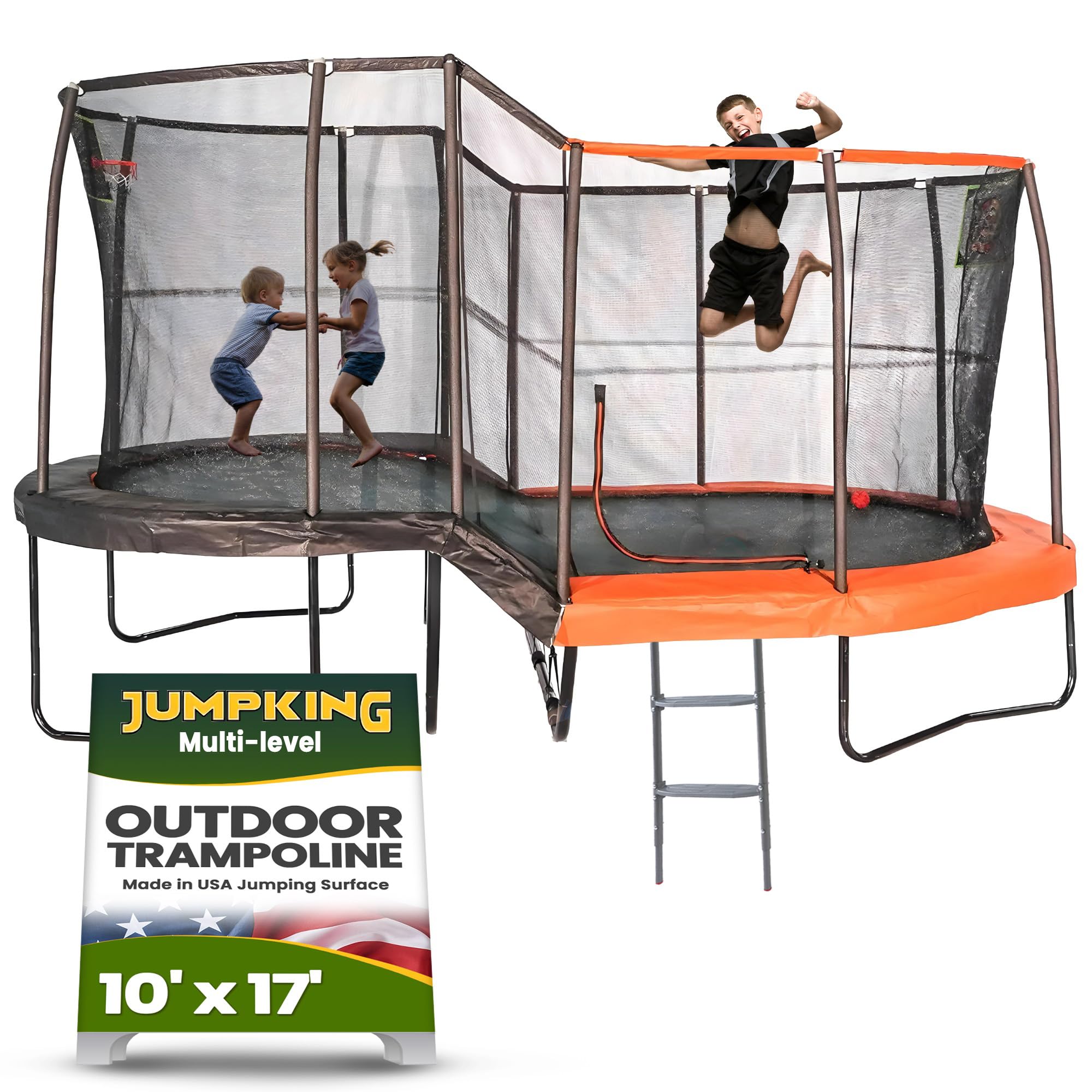 JumpKing Multi-Level Oval Trampoline with Ladder, Heavy Duty, Indoor/Outdoor with Safety Enclosure, Basketball Hoops and Toss Game Included, Durable Jumping Surface for Kids and Adults, 10ft x 17ft