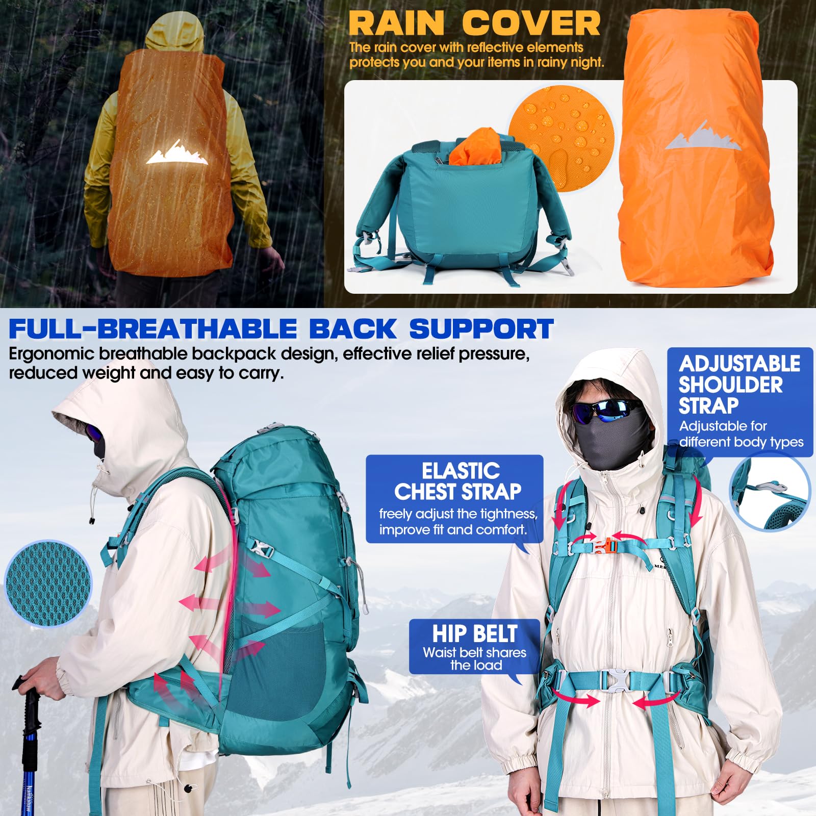 IGOLUMON Zaino Trekking 60 Litri Zaino Montagna Zaini da Hiking con Copri Pioggia per Uomo Donna Zaino da Campeggio Viaggio Escursione