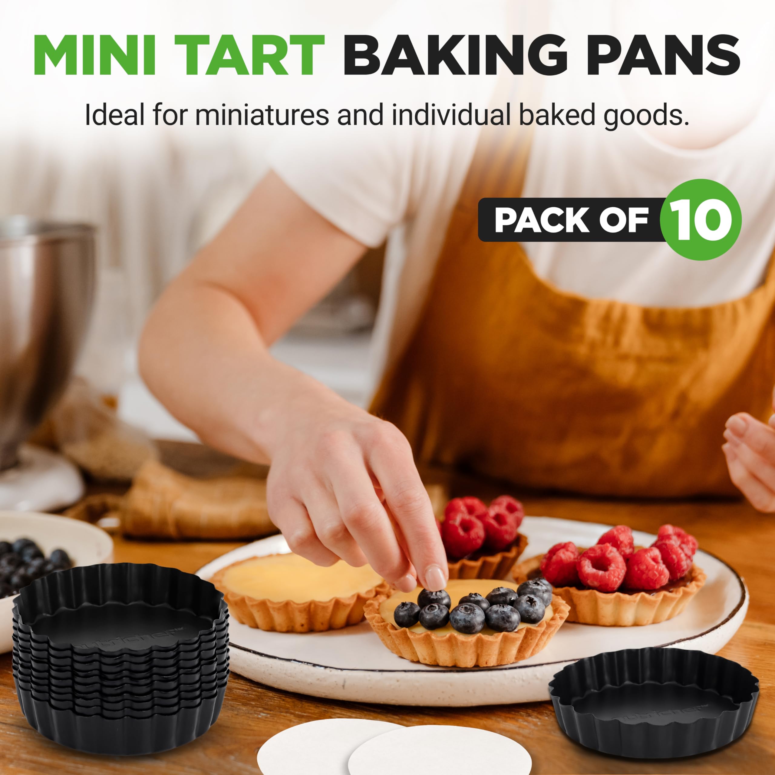 Lot 10 Mini Moules à Tarte NutriChef Antiadhésifs + 200 Papiers - Neuf