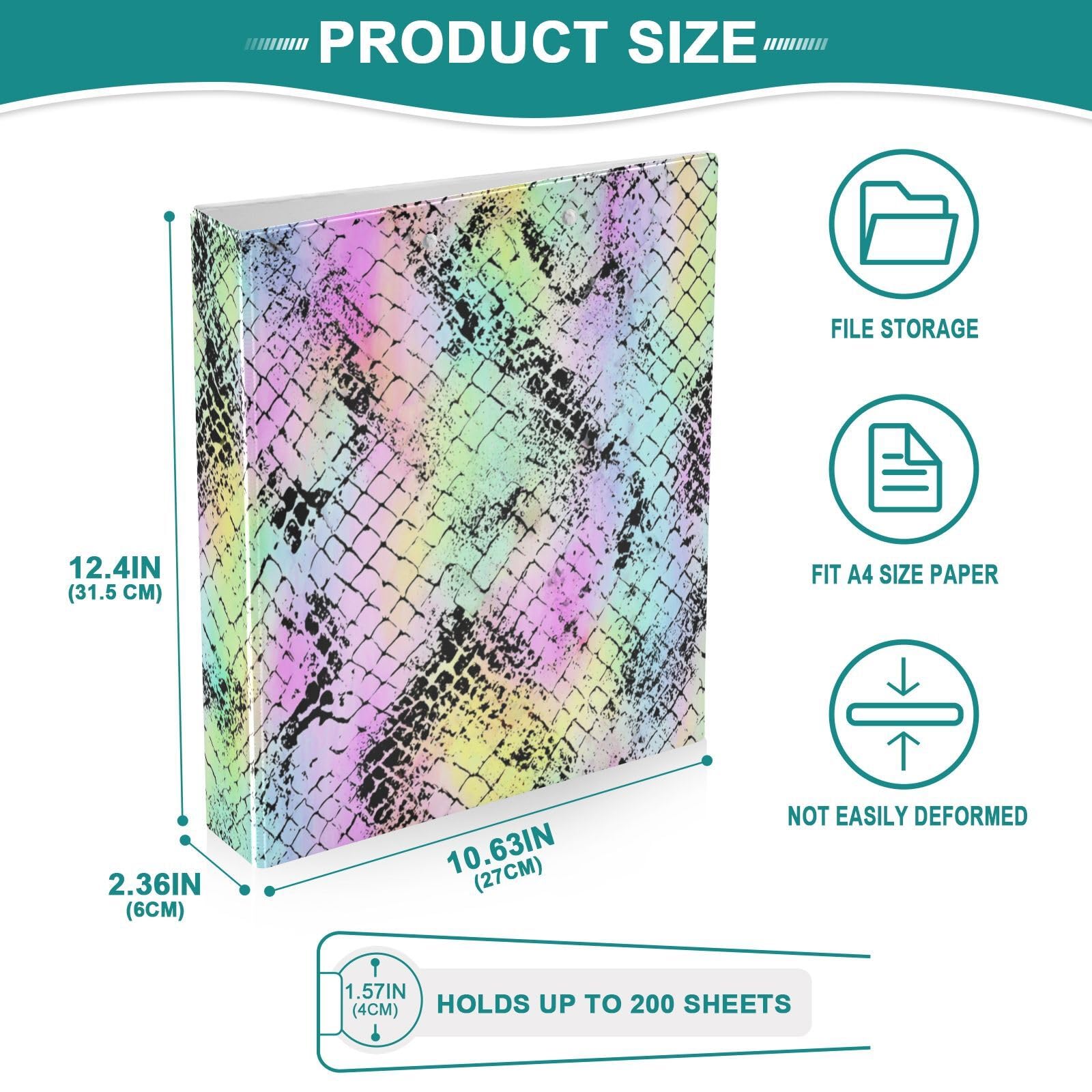Kcldeci Raccoglitore a 3 anelli, copertina rigida, stampa pelle di serpente arcobaleno, anelli rotondi da 3,8 cm, con tasche interne, per scuola, ufficio, ricette, raccoglitori, confezione da 2