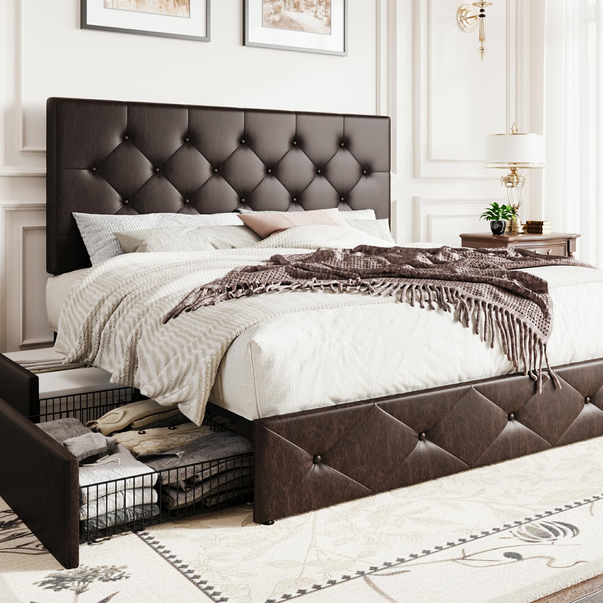 SHA CERLIN Queen Platform Bed Frame with 4 Oversized Storage Drawers