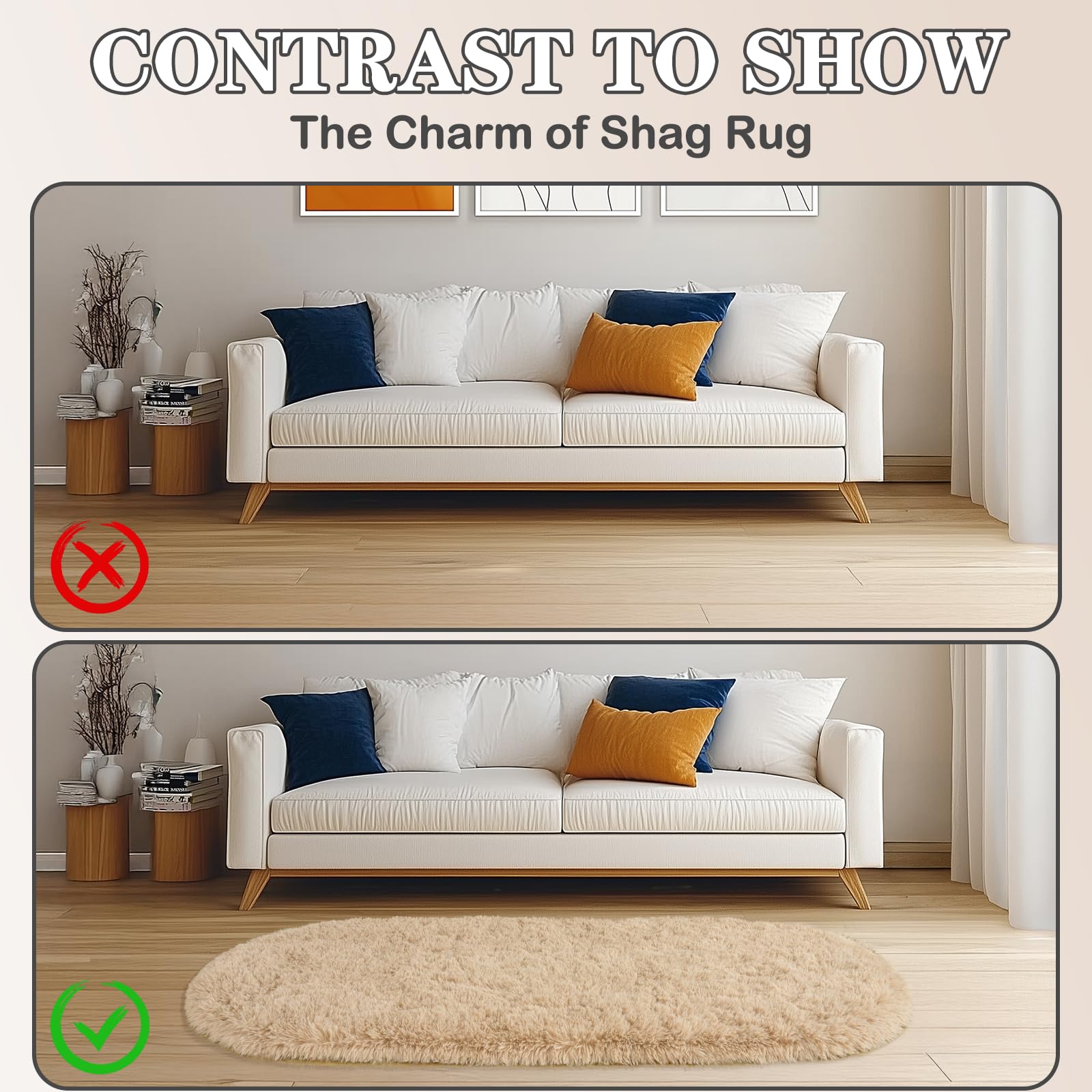 Lot de 2 tapis doux et moelleux pour chambre à coucher, tapis de chevet ovale à poils longs, antidérapants et confortables, pour chambre d'enfant, dortoir, salon, 0,8 x 1,6 m
