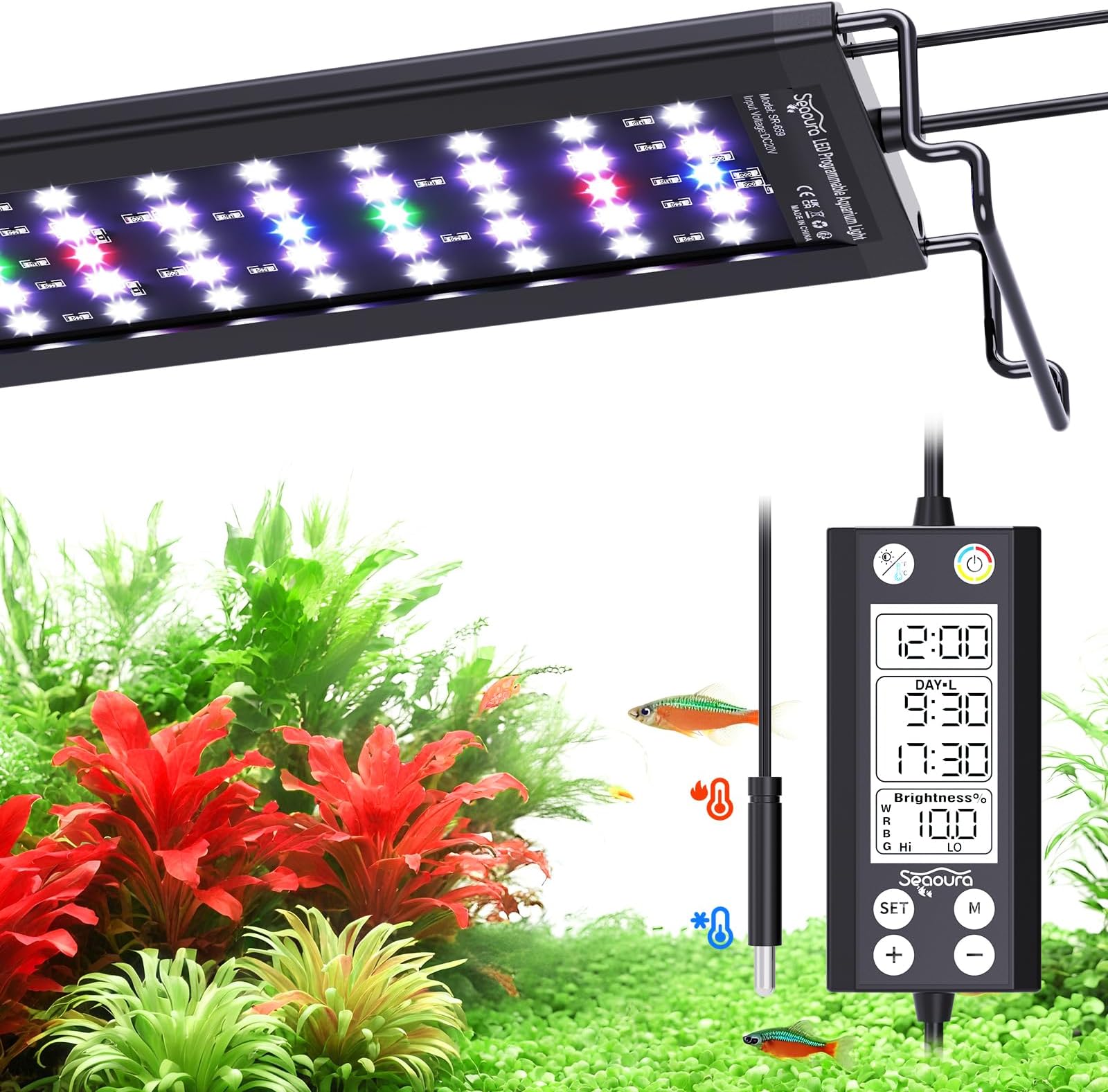 SEAOURA LED Aquarium Light with Thermometer, SR-659 30-45cm Full Spectrum Lights for Fish Tank, 24/7 Programmable with Power Off Memory, WRGB Custom, 20 Level Brightness for Freshwater Aquariums