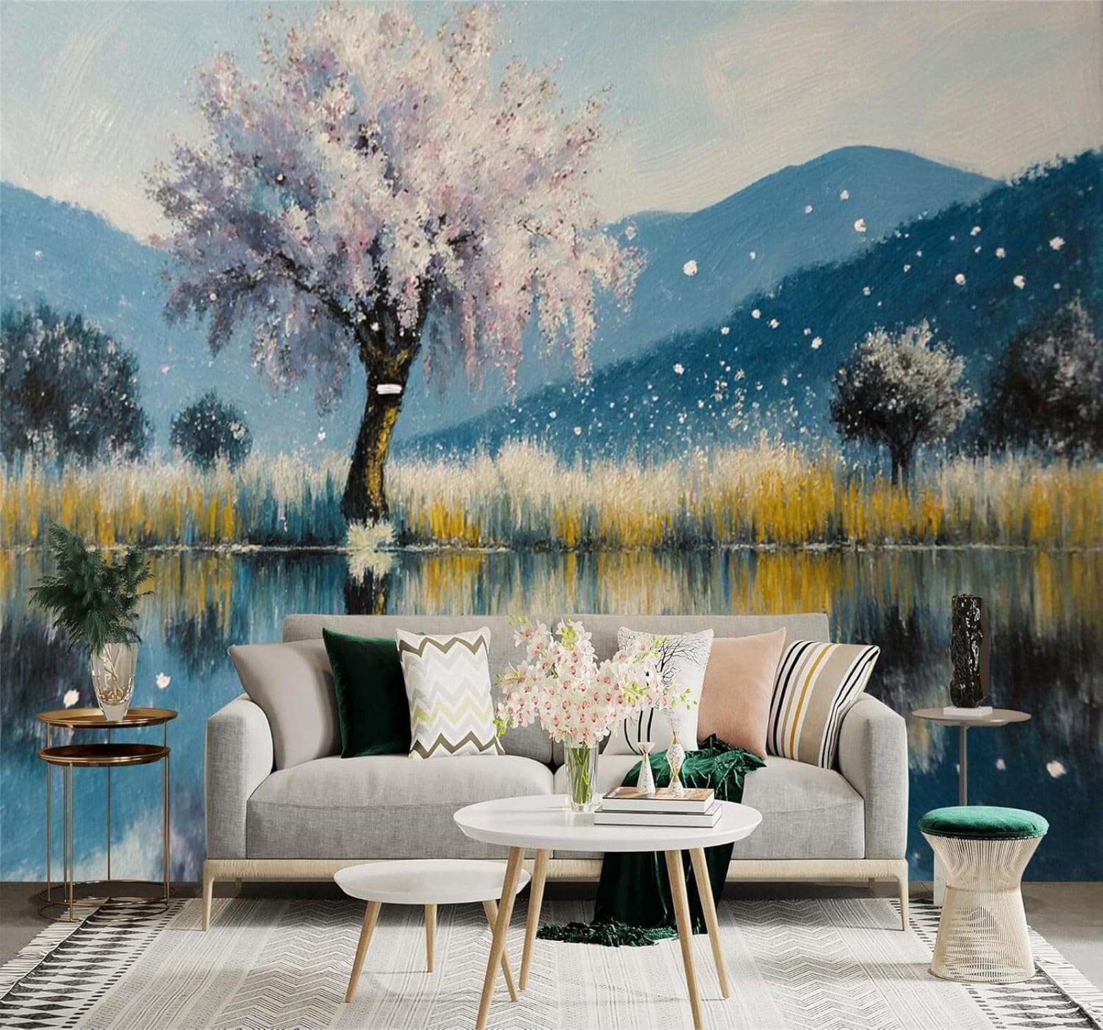 XLMING Spring Trees Reflections Lake Mountains Flowers 3D Wallpaper Silky Texture Home Study Office Grey Dining Room Sofa Bedroom Living Room TV Backdrop-250cm×170cm