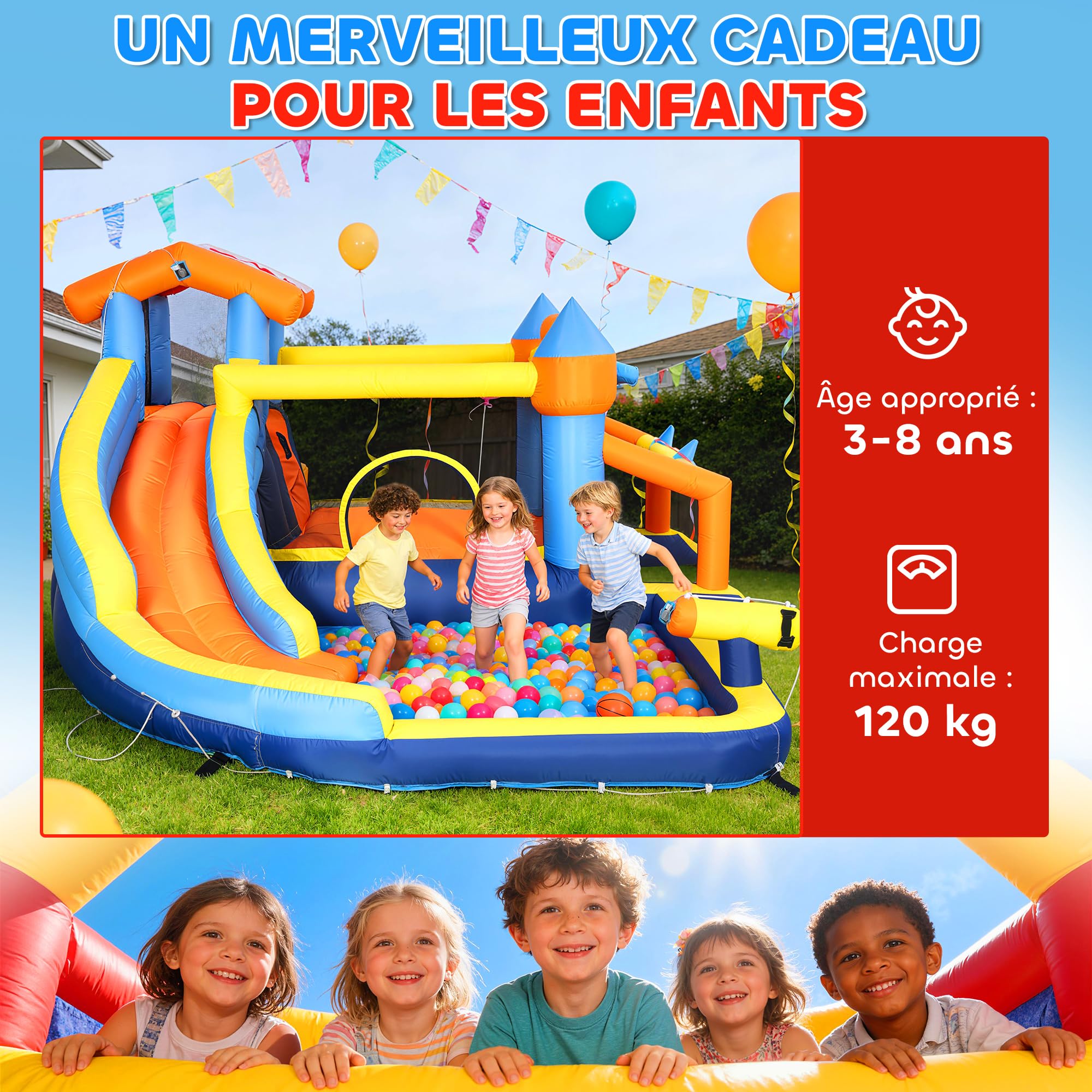 AIYAPLAY Château Gonflable avec souffleur 8 en 1 Parc Aquatique avec Toboggan, Trampoline, Piscine à balles, But de Football, Mur d'escalade, Panier de Basket, Jeu d'anneaux 350x325x210cm