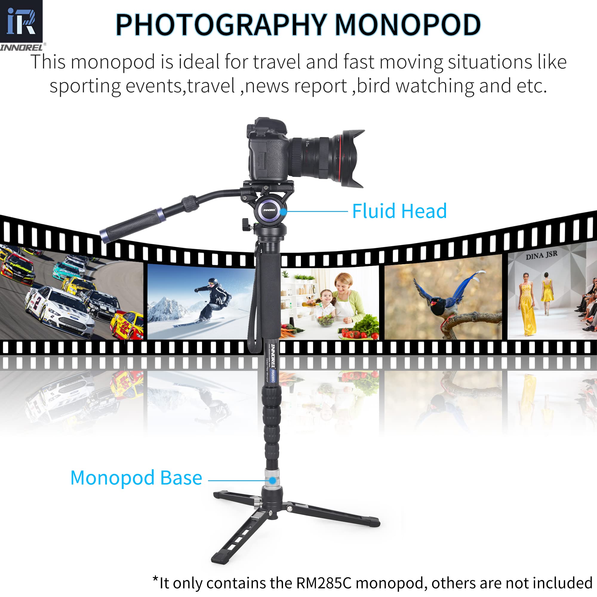 Monopiede per fotocamera in fibra di carbonio INNOREL RM285C Monopiede professionale portatile leggero da 5 sezioni per Canon Nikon Sony DSLR Camera Video Camcorder Fotografia Staffa di carico 10 kg