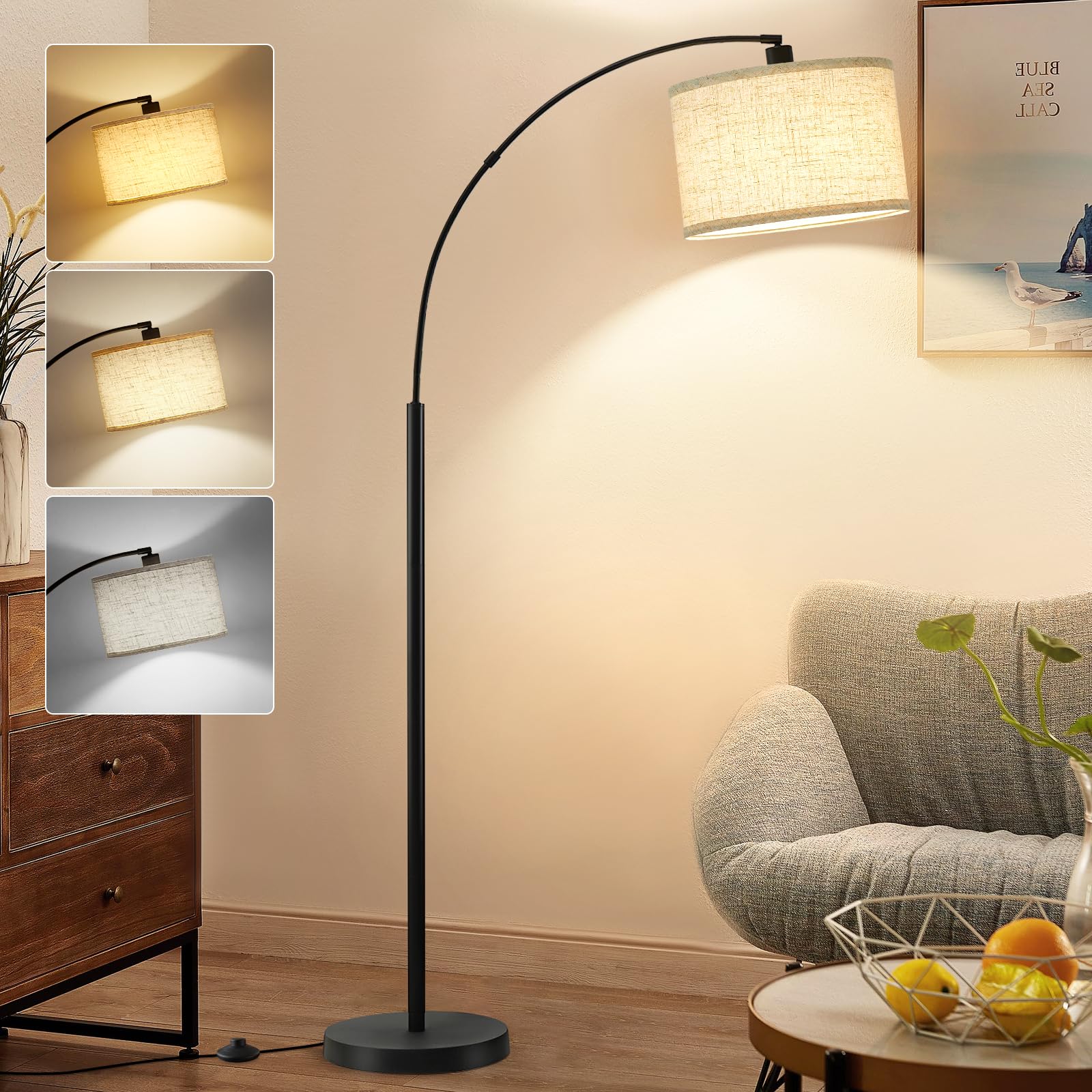 GyroVu Arc Floor Lamp for Living Room,Free Standing Lamp with Adjustable Lamp Head,Color Temperatures Tall Lamp with Foot Switch Arched Corner Lamp for Bedroom Office