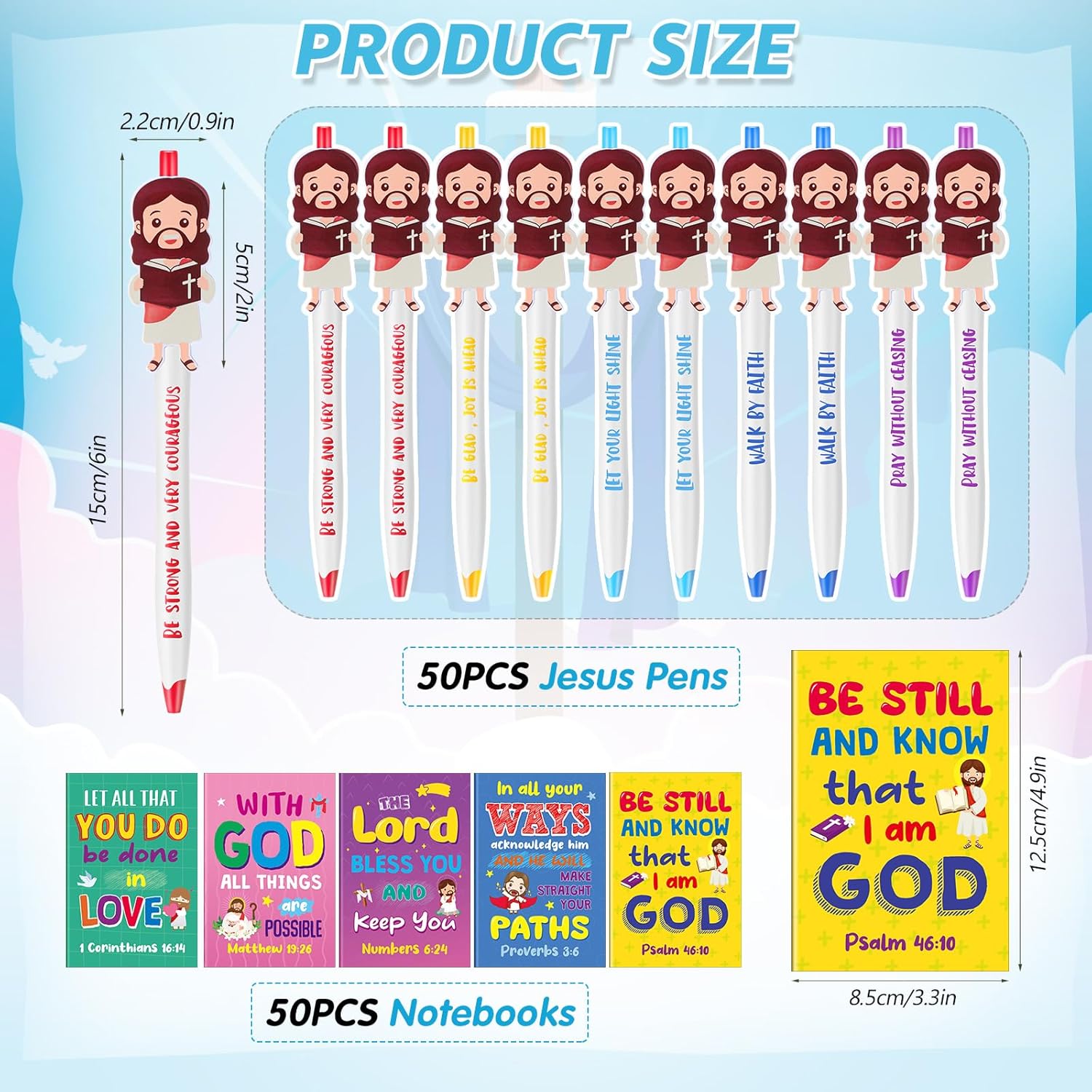 CroBlissful 50 Pcs Christian Gifts Bulk, Cute Jesus Notepads and Ballpoint Pens for First Communion, Church Welcome, Religious Bible Verse Notebook and Pen for Baptism, Back to School, VBS, Sunday