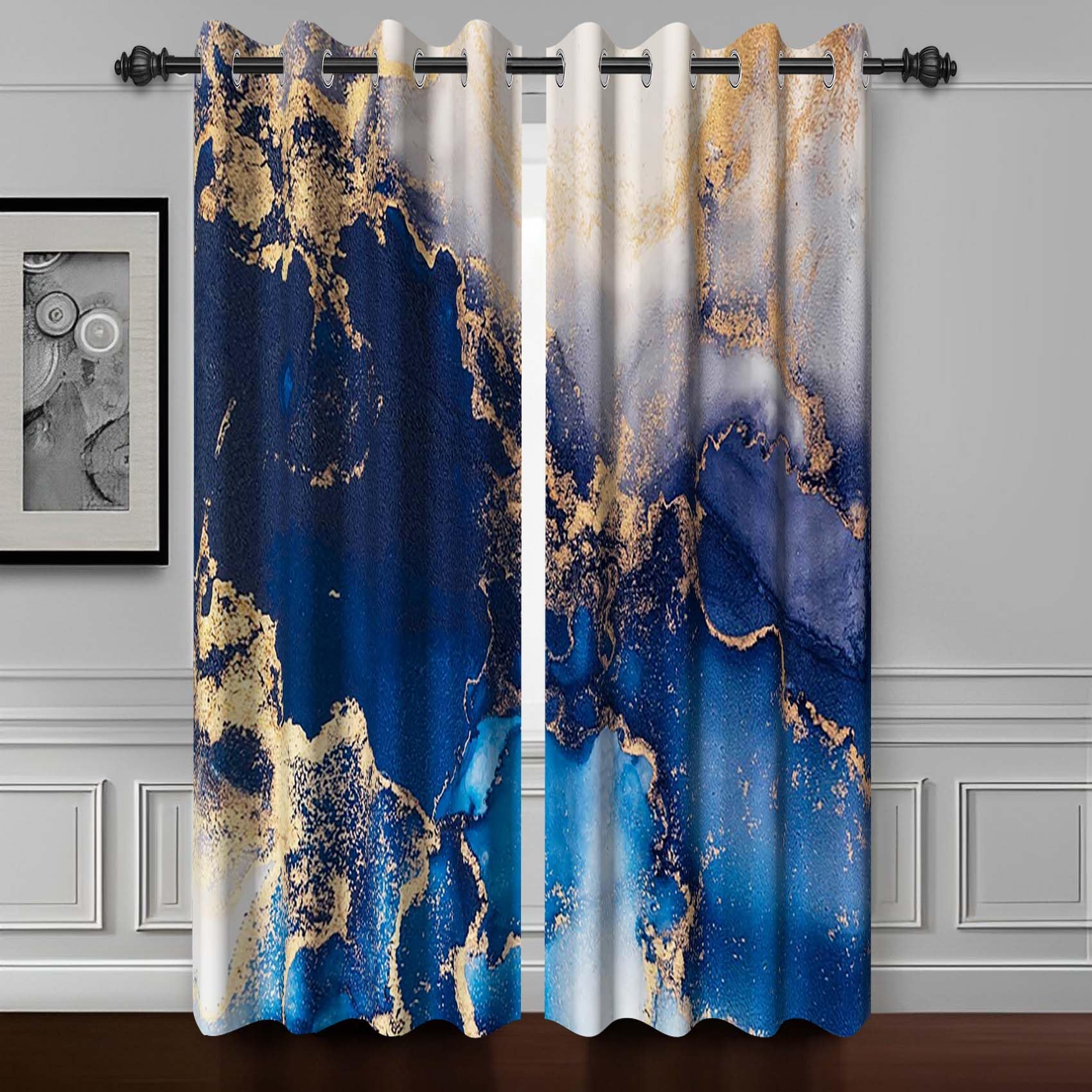 Baocicco Blue and Gold Marble Window Curtains Gold Texture Print Blackout Marble Grommet Curtain Modern Luxury Gold Crack Darkening Drape for Living