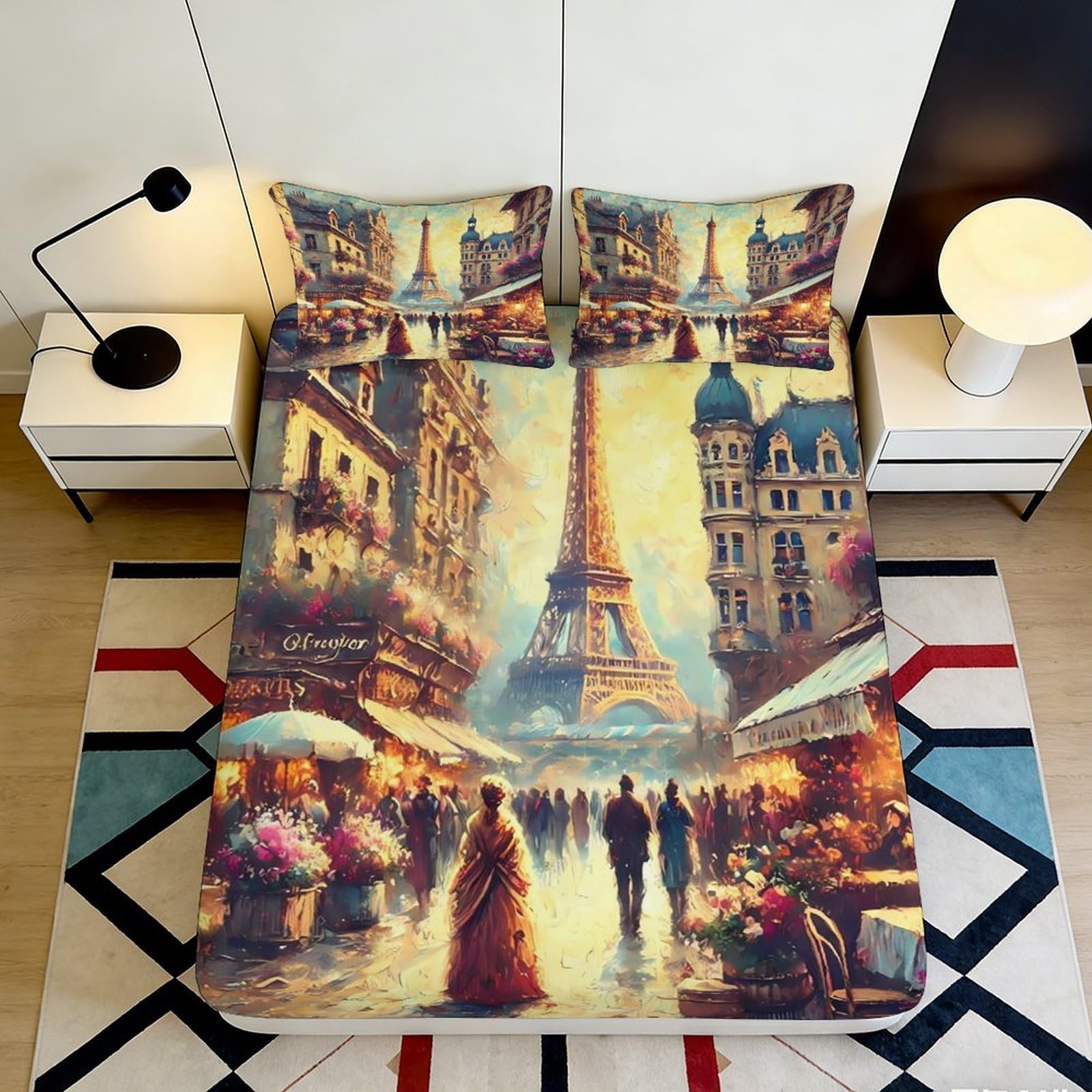 Pnayamiorkfel Style-2 3D Printed Paris Street View Fitted Sheet Microfiber Soft City Landmark Bed Cover For Bedroom Dorm Decor 90X200x25cm