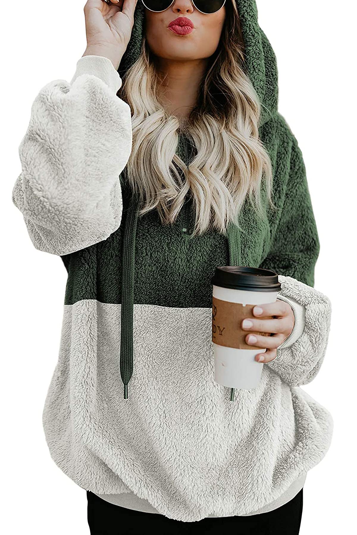 KINGFENWomens Oversized Sherpa Pullover Hoodie with Pockets Fuzzy Fleece Warm Casual Loose Hooded Sweatshirt Hoodies