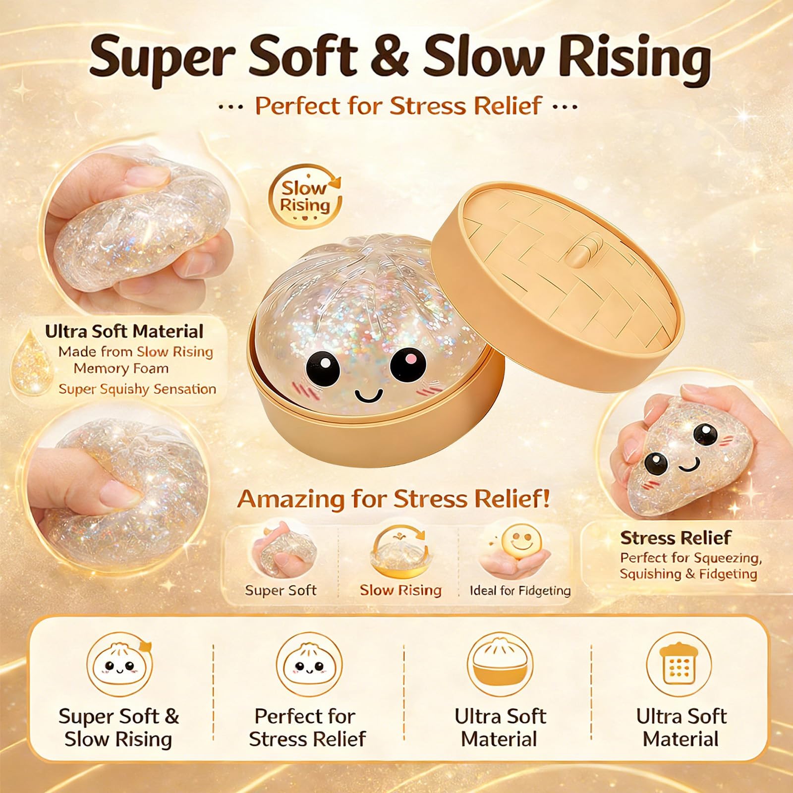 2026 New Glitter Dumpling Squishy, Slow Rising Stress Relief Fidget for Adults, Soft Sensory Squeeze for Anxiety Relief, Office Desk Decor and Stress Buster, Party Favor Gift — view 6